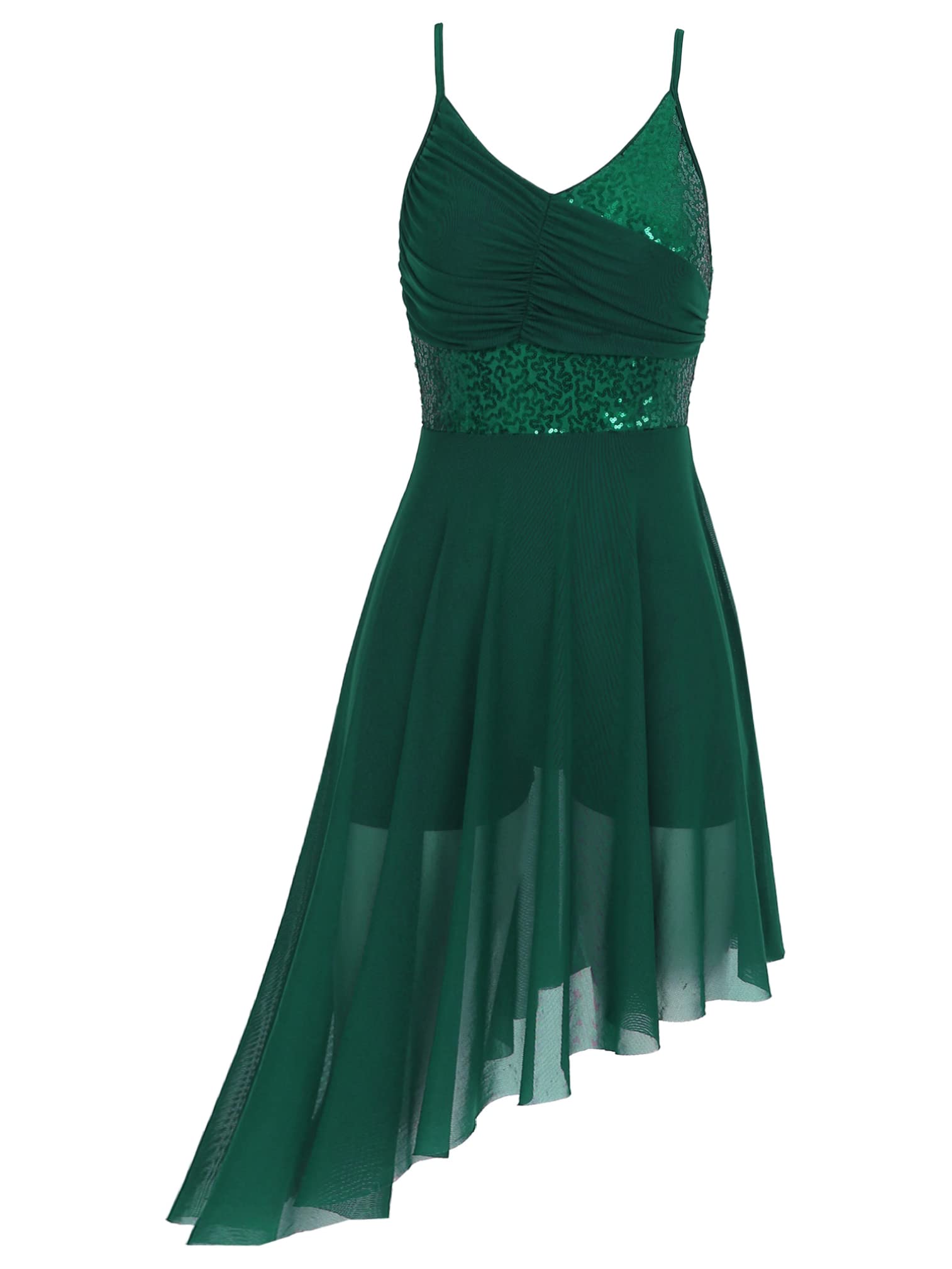 Women's Shiny Sequins Lyrical Dance Dress - Contemporary Mesh Spaghetti Strap Tulle Skirt Dancewear for Performances & Competitions