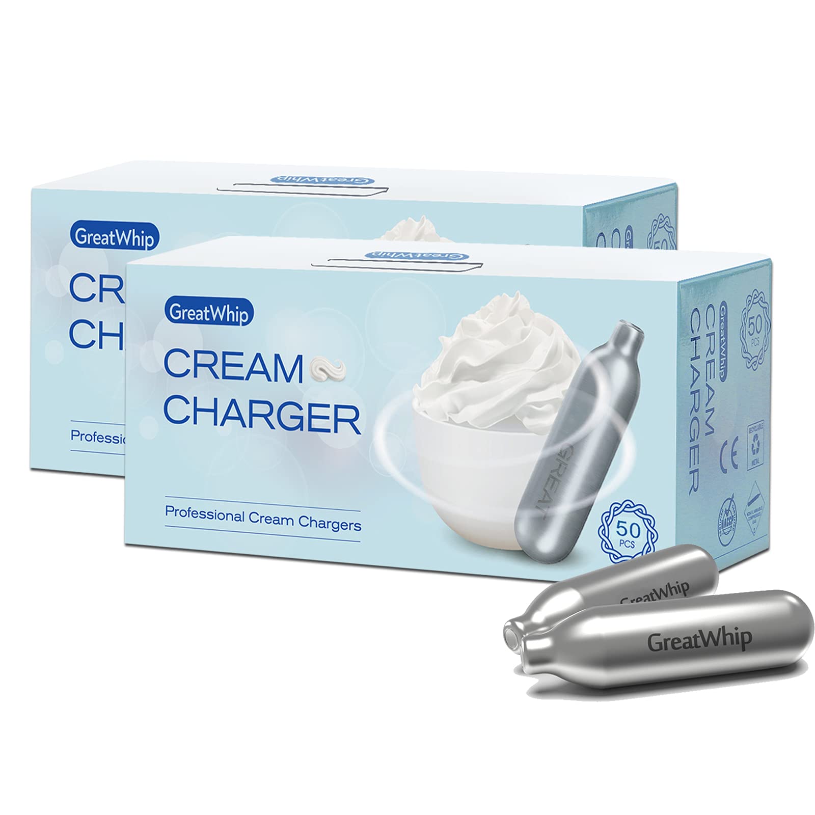 Premium GreatWhip Whipped Cream Chargers - 100 Count (2 Pack of 50) - Food Grade Nitrous Oxide Cartridges for Professional Desserts, Coffee Shops & Home Baking - Perfect for Whipped Cream Dispensers & Culinary Creations