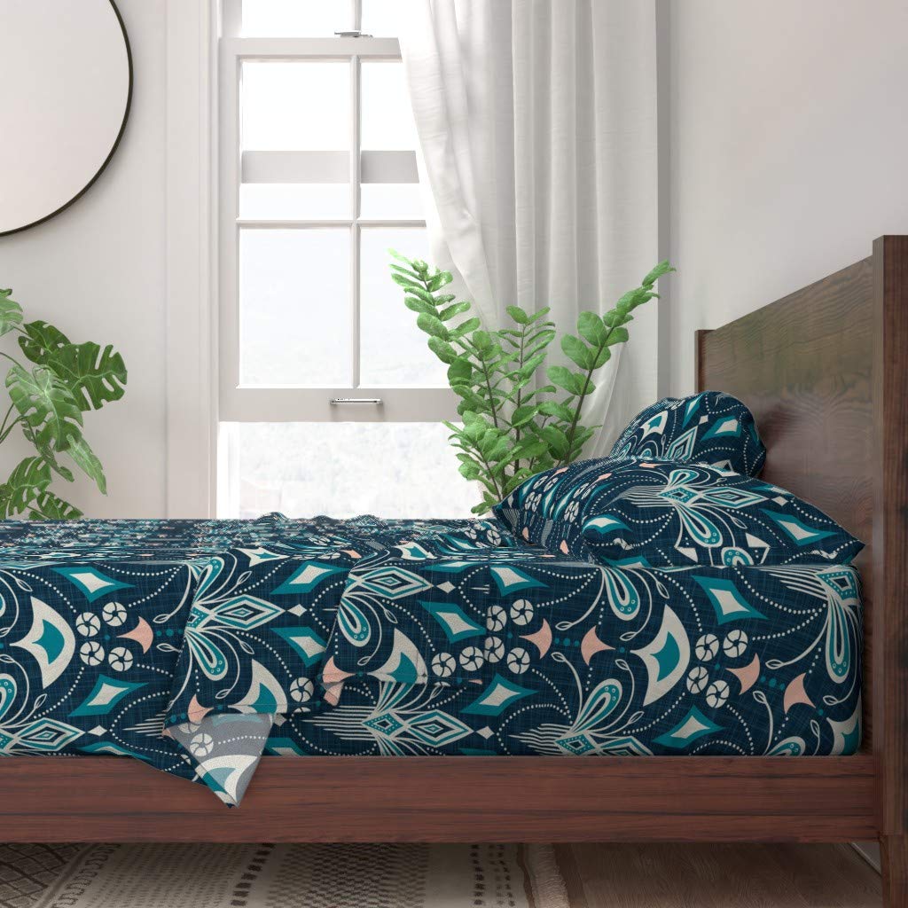 Premium 100% Cotton Twin Sheet Set (3-Piece) - Vintage Art Deco Geometric Print in Blue | Soft & Breathable Bedding for Home, Hotel, or Dorm | Machine Washable
