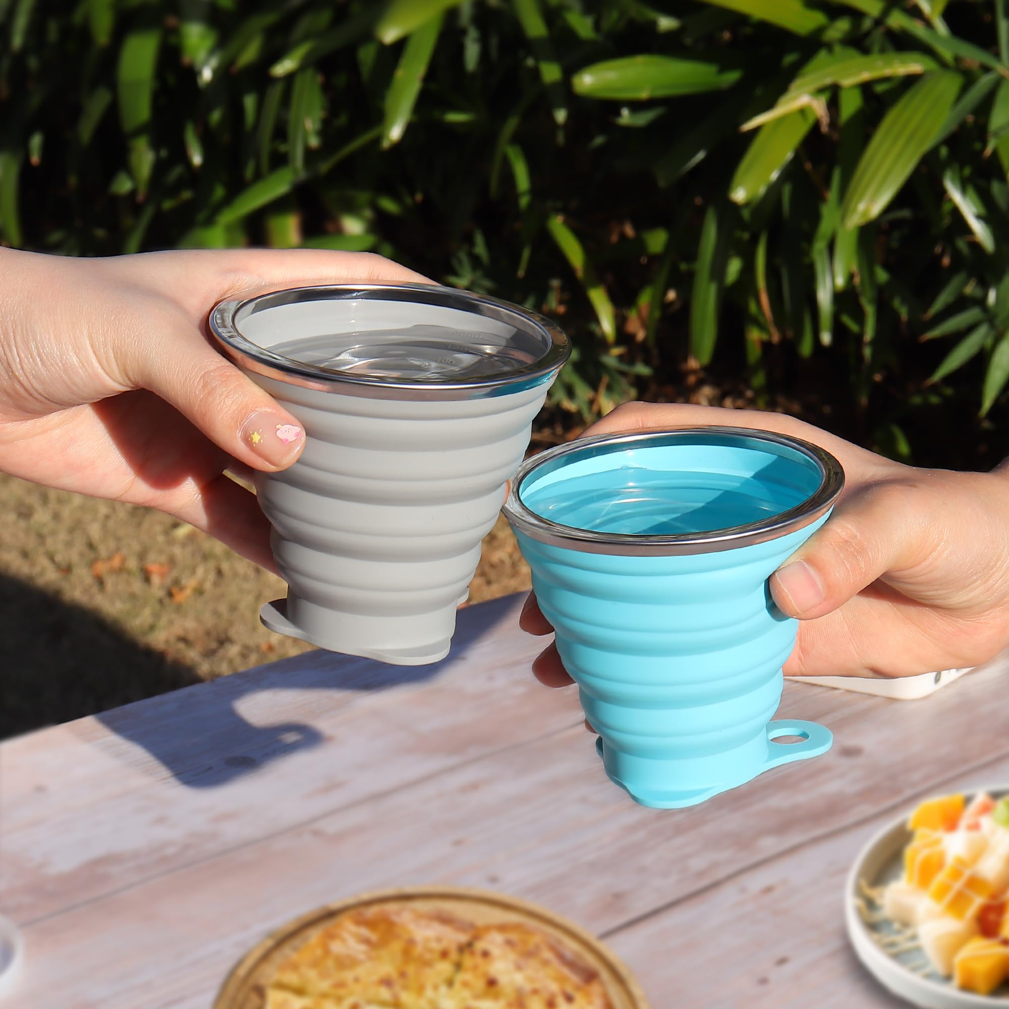 Collapsible Silicone Travel Cup with Lid - Reusable 270ml Portable Drinking Cup for Camping, Hiking & Outdoor Activities - BPA-Free, Space-Saving Design (Blue/Gray, 2 Pack) - Perfect for Backpacking, Picnics & Emergency Kits