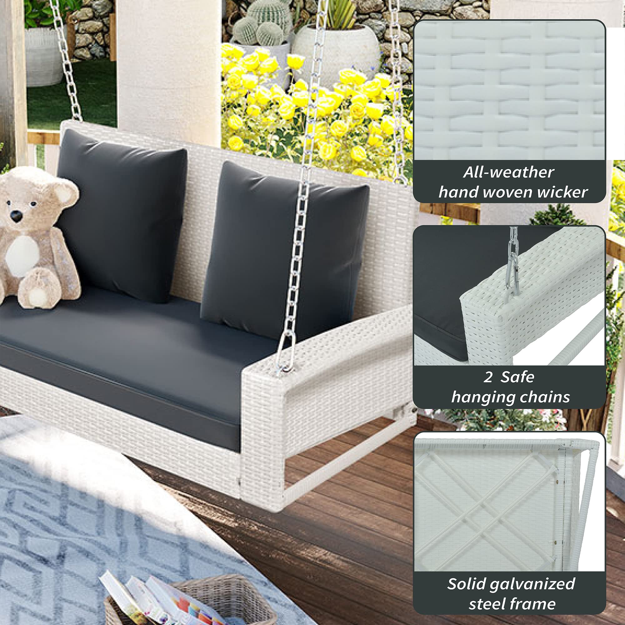 Polibi 2-Seat Rattan Swing Bench with Chains & Cushion Pillow - White Wicker Grey Cushions - Outdoor Porch Swing for Garden, Backyard, Pond, Patio - Perfect for Relaxing, Reading & Enjoying Nature