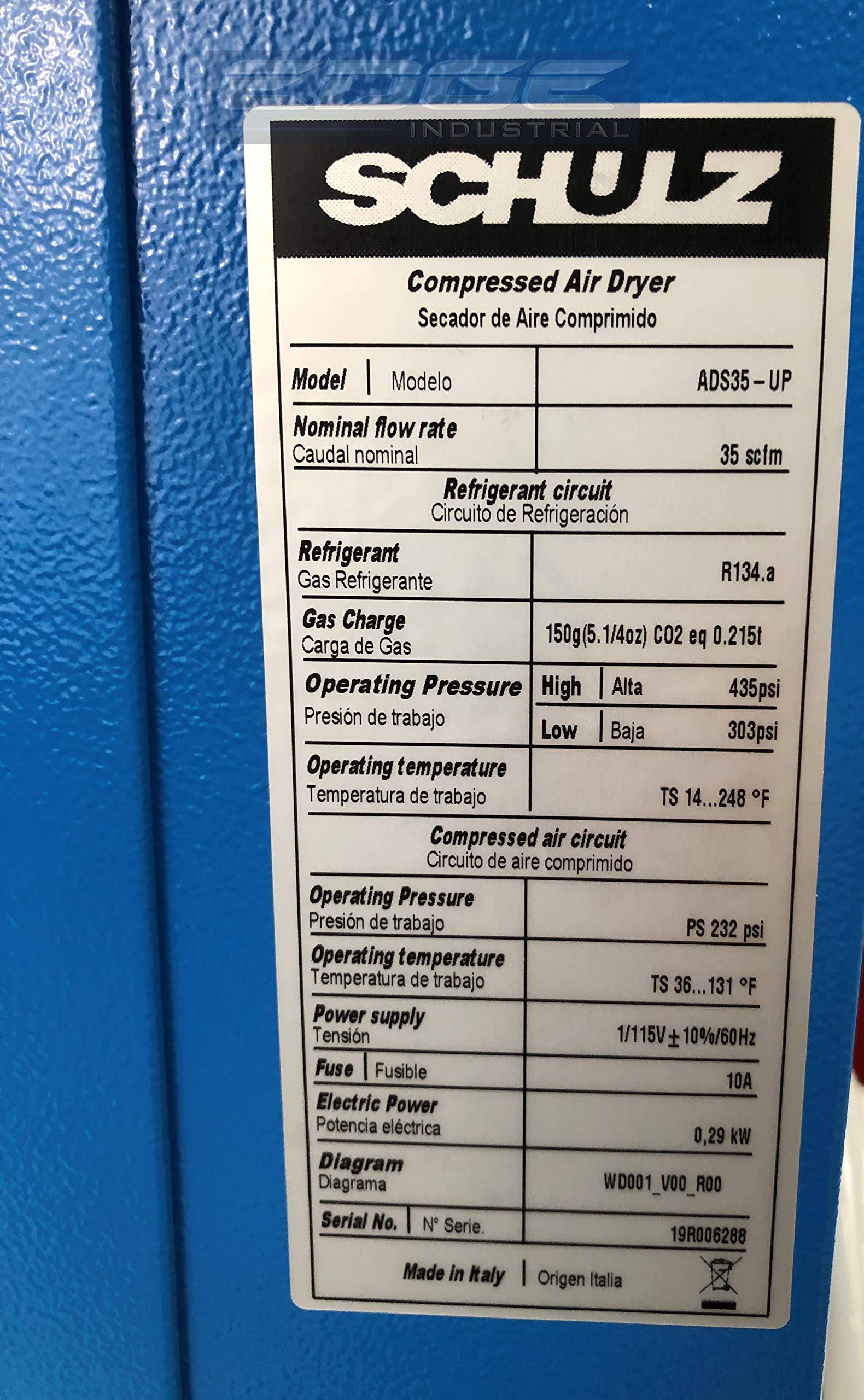 Schulz 35 CFM Refrigerated Air Dryer for Air Compressor Systems - Stand Alone Unit for 7.5HP & 10HP Compressors | Workshop, Automotive & Industrial Use