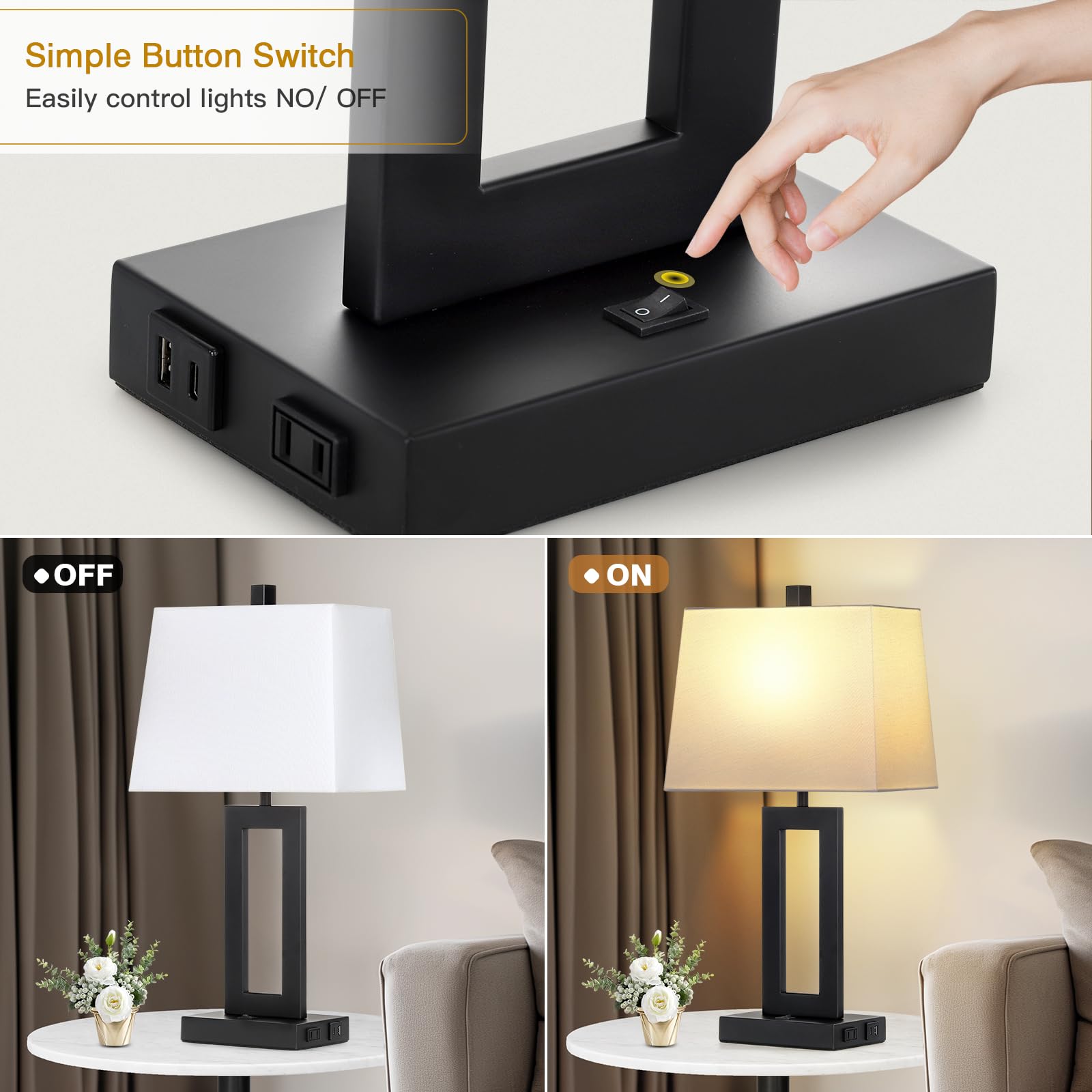 Cinkeda Modern Table Lamp Set of 2 - USB C & A Ports with AC Outlet, Black Nightstand Lamps for Bedroom, Living Room, Office - Perfect for Reading, Working & Ambient Lighting
