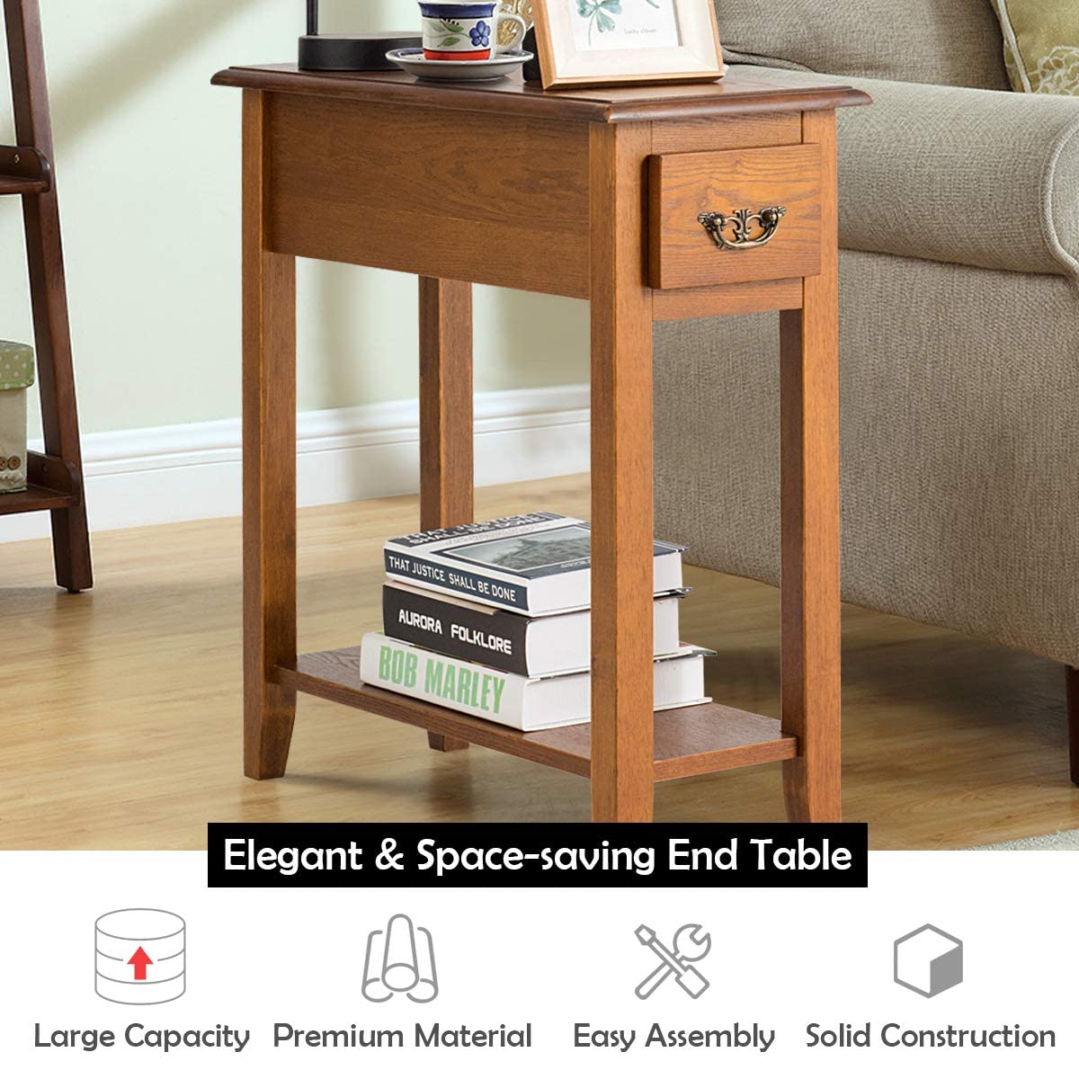 Tangkula Narrow End Table with Drawer & Open Shelf - Slim Side Table for Small Spaces, Compact Nightstand for Bedroom & Living Room - 9.8