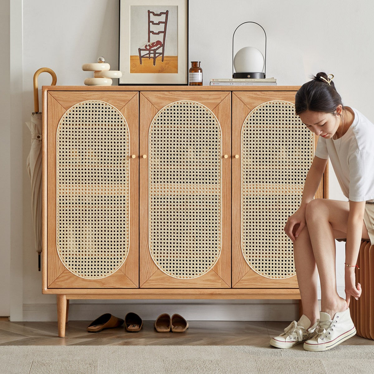 Oak Solid Wood Rattan Shoe Cabinet - Rustic Entryway Storage Organizer for Shoes, Boots & Accessories | Perfect for Hallway, Mudroom & Closet Organization