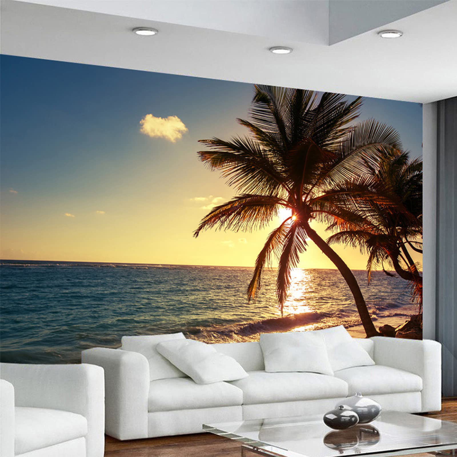 3D Sunset Sea Island Wall Mural with Coconut Trees & Clouds - Waterproof Peel & Stick Wallpaper (169.3x118.2 inches) for Preschools, Daycare Centers, Kids Rooms & Beach-Themed Decor