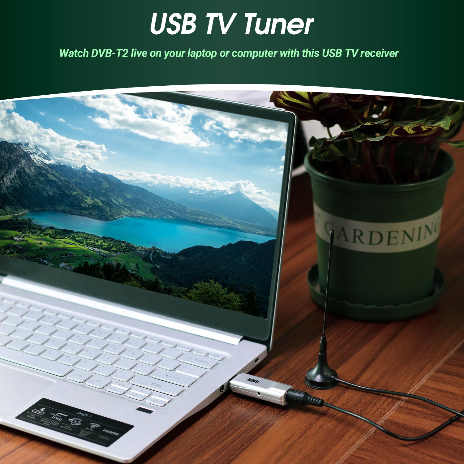 DVB-T2 USB TV Tuner for PC - Watch & Record Freeview HD Channels on Laptop - Live TV Streaming Device for Home, Office & Travel