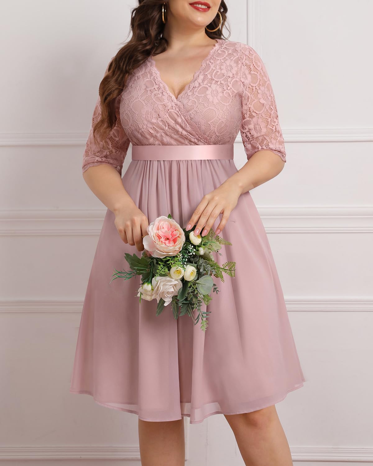 Plus Size Lace Chiffon Wrap V-Neck Midi Dress for Women | Elegant Cocktail & Wedding Guest Dress | Perfect for Parties, Date Nights & Special Occasions