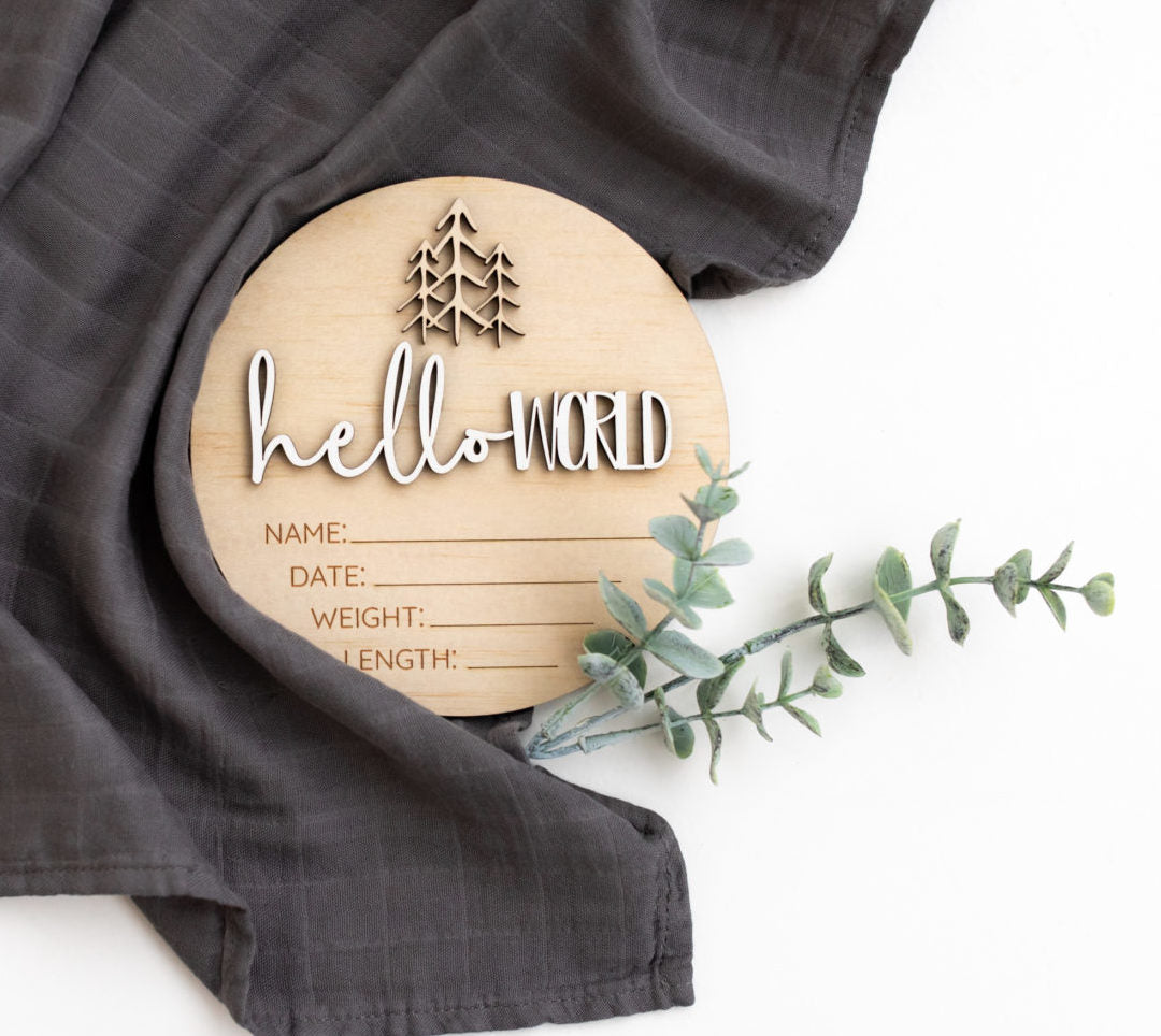 Custom Wooden Announcement Plaque - Hello World Signature Tree for Baby Shower, Wedding & Family Events | Personalized Keepsake Gift