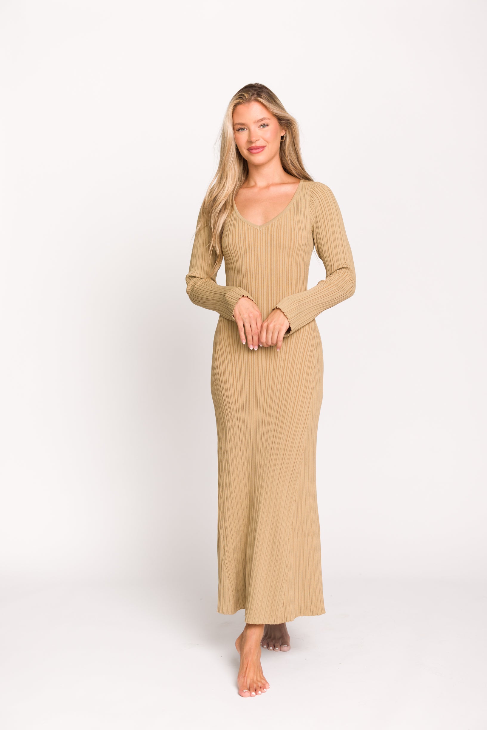Keaton Knit Maxi Dress - V Neckline Beige Women's Long Dress | Perfect for Summer, Beach, Vacations & Casual Outings