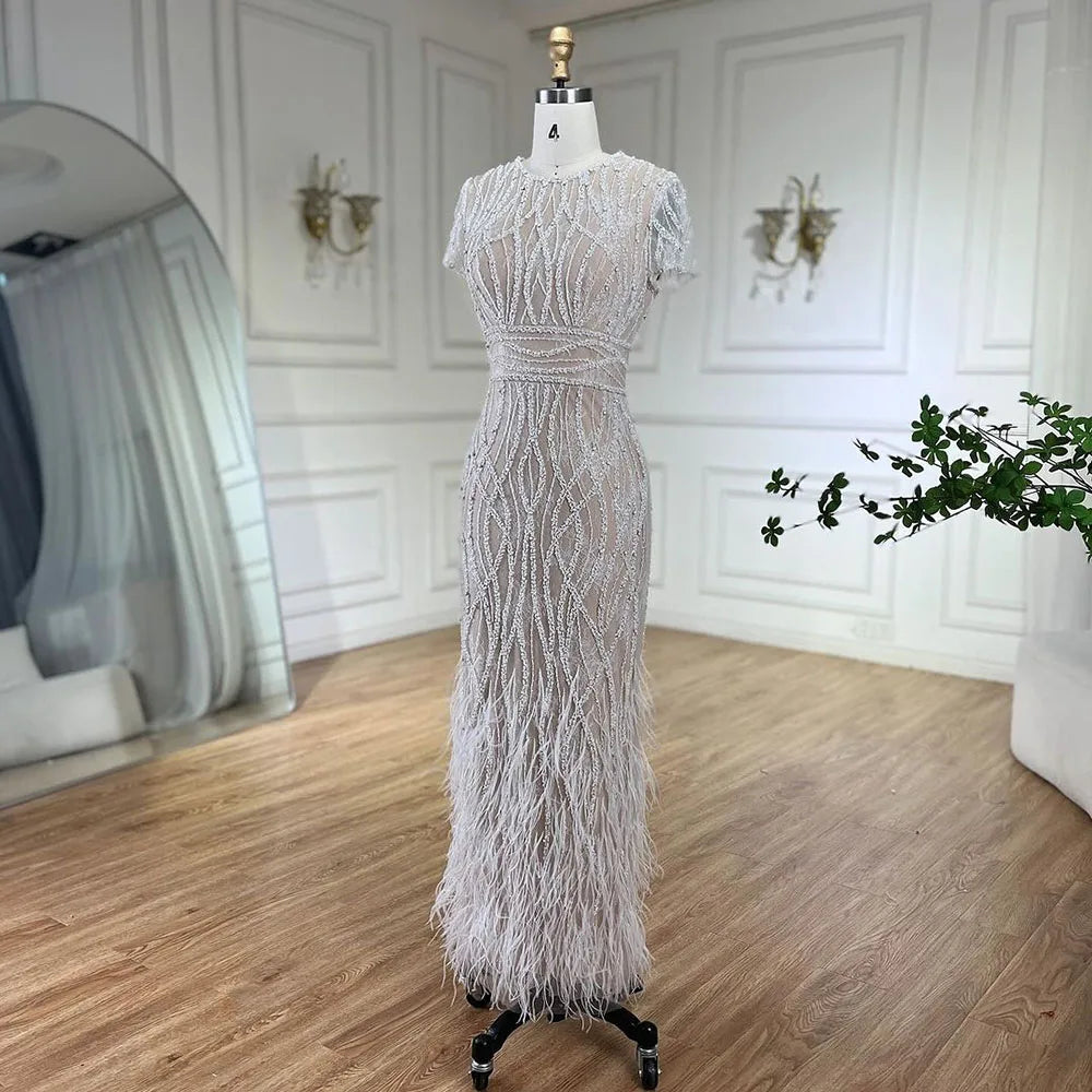 Elegant White Beaded Ankle-Length Evening Dress with Feathers - LA72076A | Perfect for Prom, Gala & Formal Events