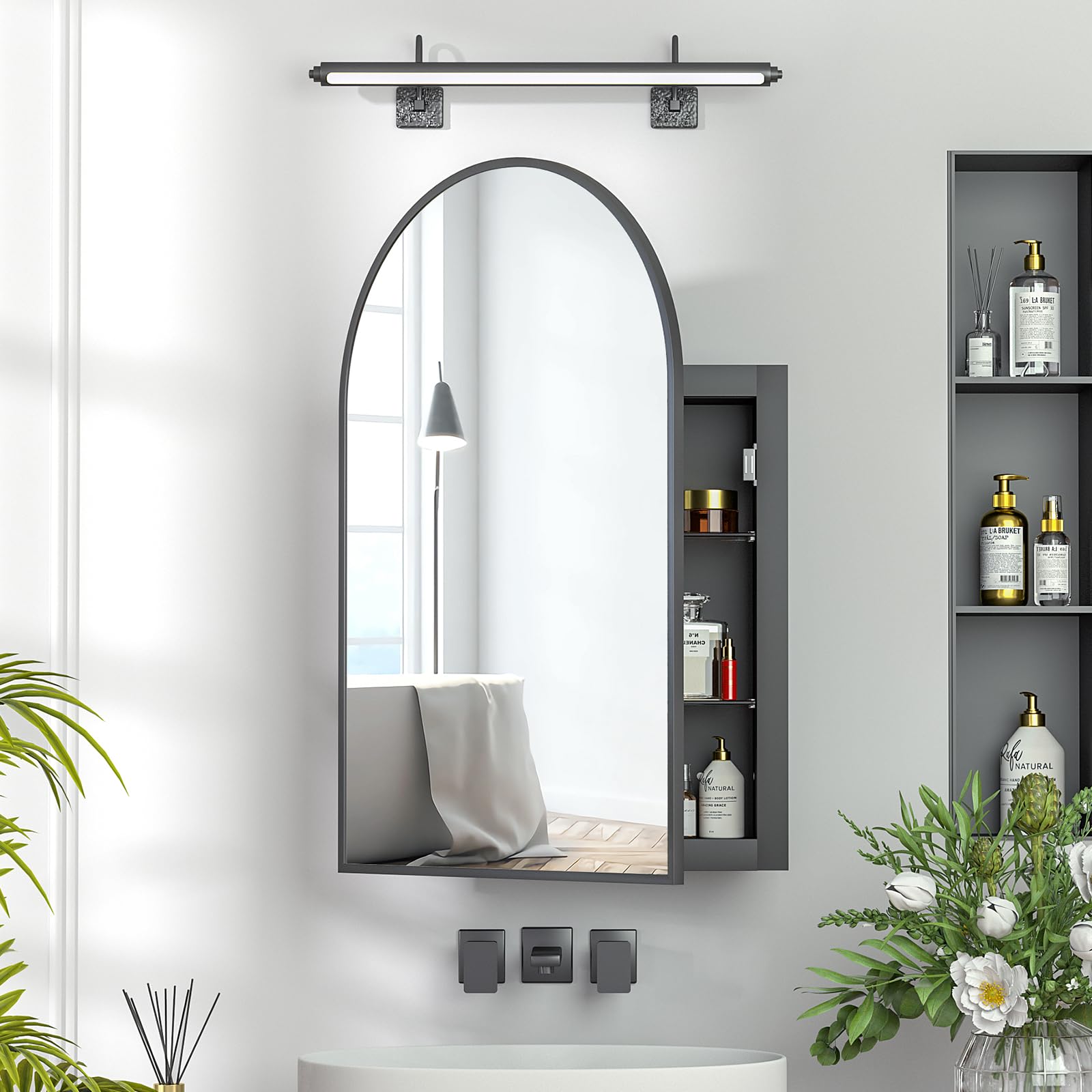Recessed Medicine Cabinet with Mirror - 20x30 Inch Brushed Black Wall-Mounted Bathroom Storage Cabinet | Arched Design for Modern Bathrooms, Vanities & Powder Rooms