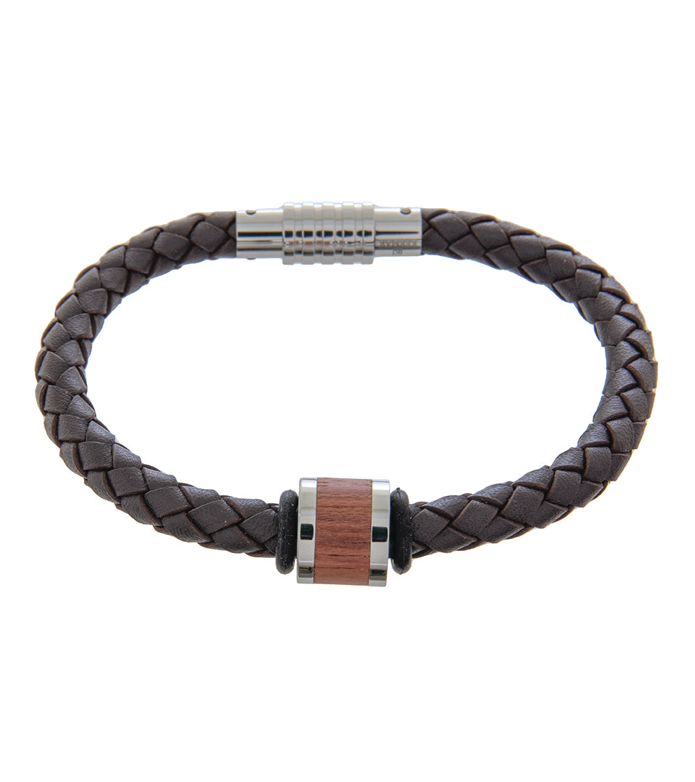 Men's Brown Leather Bracelet with Long Bubinga Link - 21cm Adjustable Wristband for Casual & Formal Wear - Perfect Gift for Him