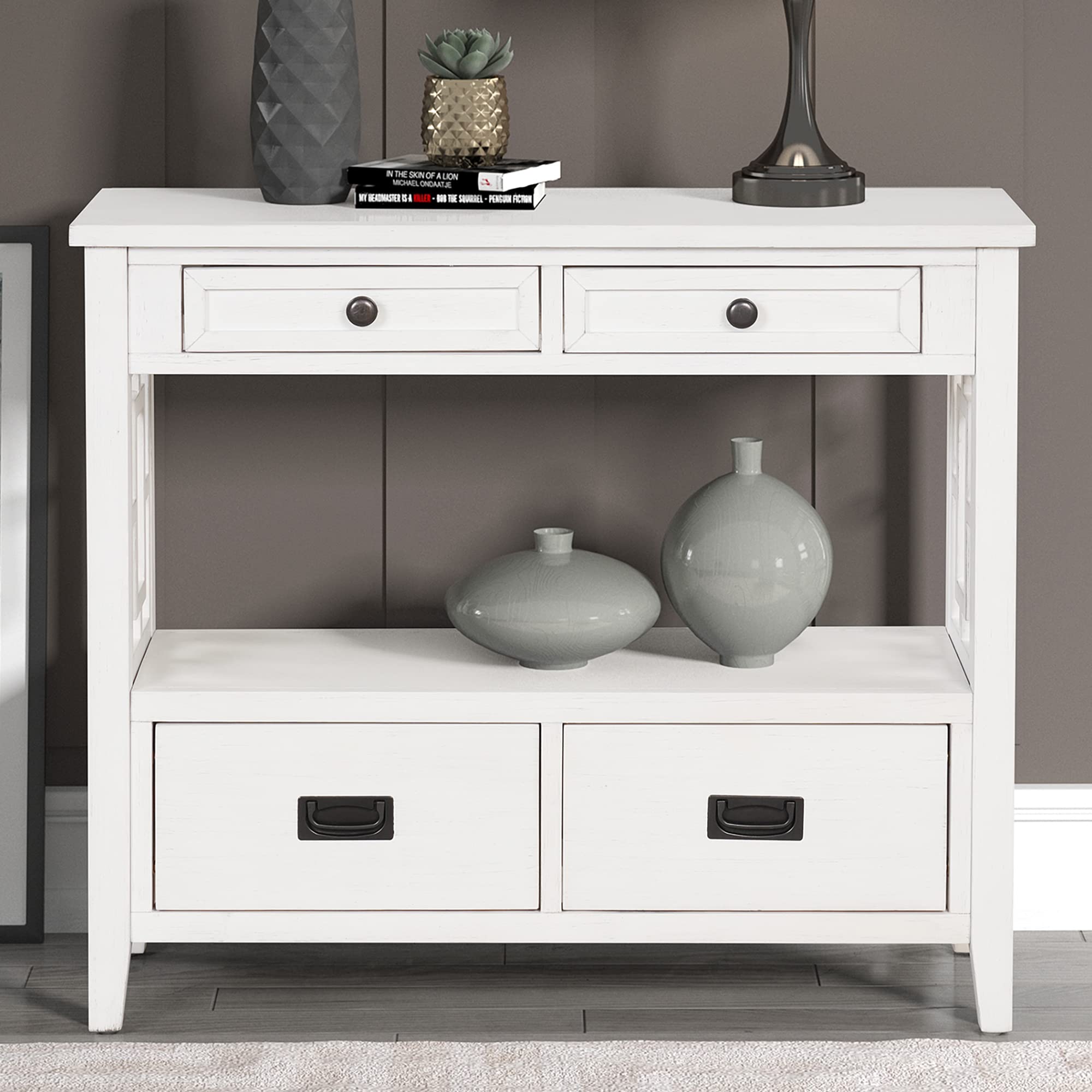 P PURLOVE Wooden Sofa Table Console Table with 4 Storage Drawers & 1 Shelf - Entryway, Living Room, Hallway, Bedroom Furniture - Antique White Finish for Home Decor & Organization