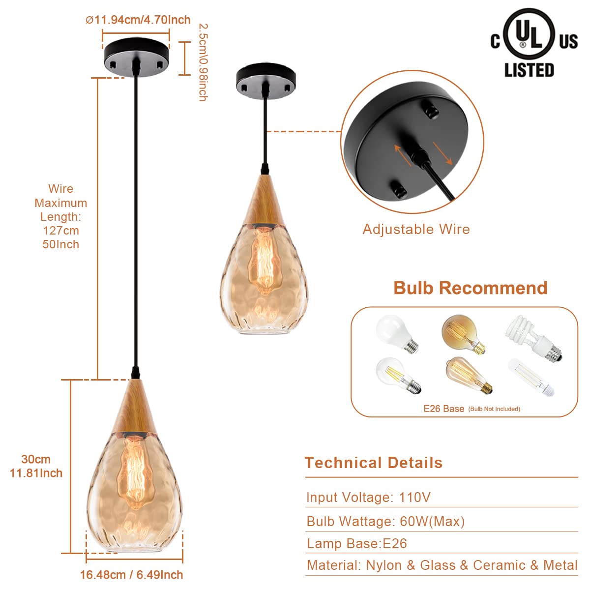 3 Pack Adjustable Pendant Lights with Teardrop Glass Shades - Modern Nylon Cord Ceiling Lighting for Kitchen Island, Dining Room, Coffee Bar & Workspace | Bulb Not Included | Perfect for Contemporary Home Decor & Commercial Spaces