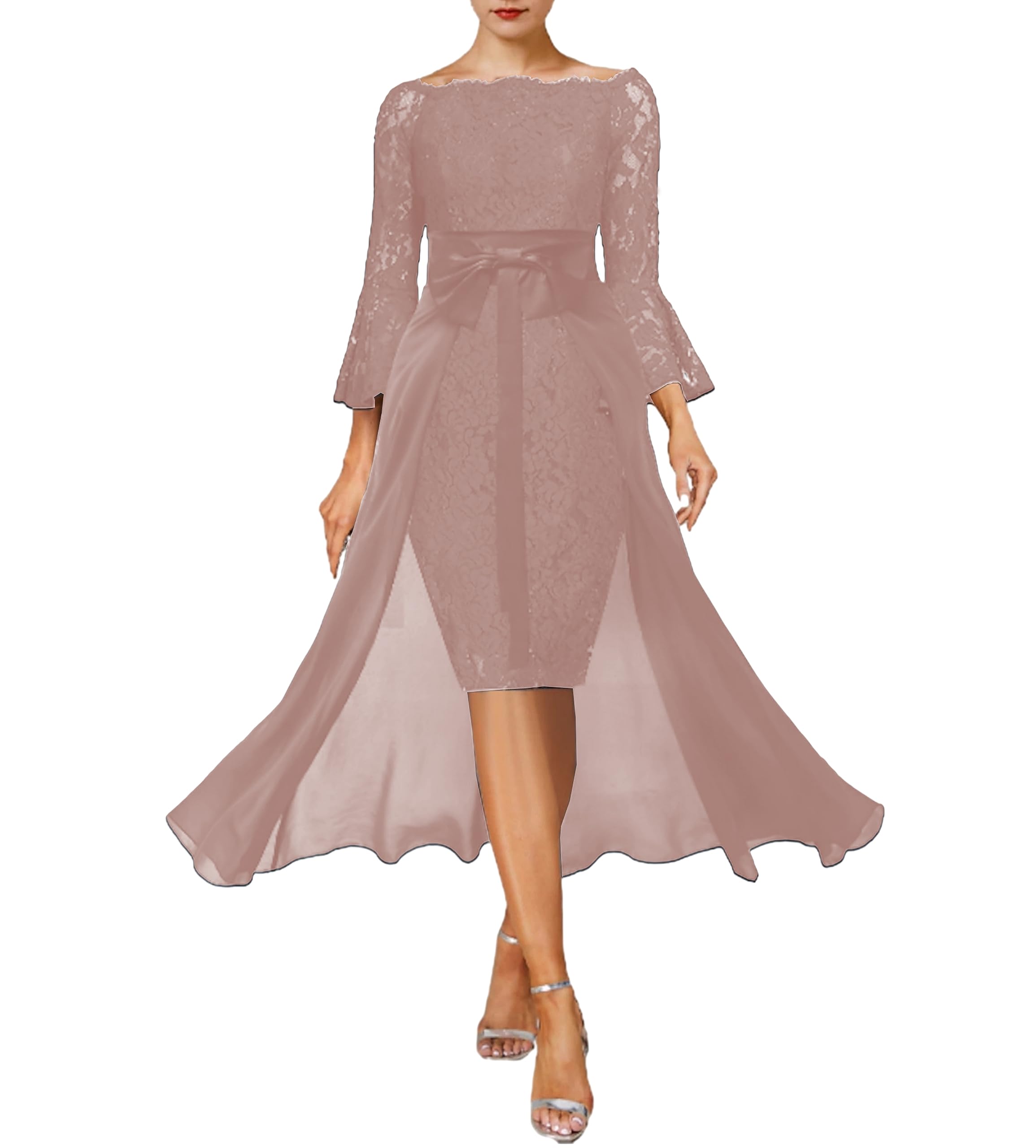Elegant Dusty Pink Lace Wedding Guest Dress for Women - 3/4 Sleeve V-Neck Sheath Mother of The Bride Outfit with Bow | Perfect for Weddings, Parties, and Special Occasions