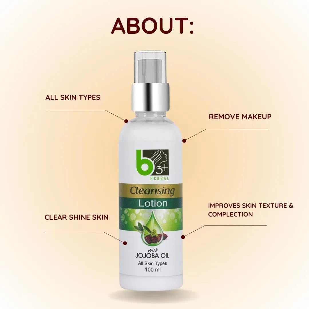 B3+ Herbal Cleansing Lotion with Jojoba Oil - Gentle Face Wash with Natural Herbs for All Skin Types | 100ml | Perfect for Daily Skincare Routine & Makeup Removal