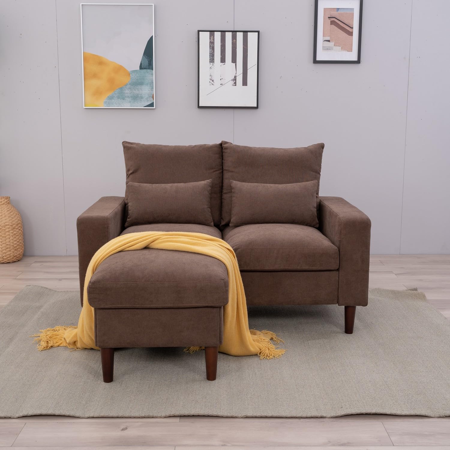 Panana 2-Seater Loveseat Sectional Sofa Couch with Convertible Ottoman Footstool - Brown Modern Apartment Furniture Set for Living Room, Small Space & Studio Decor