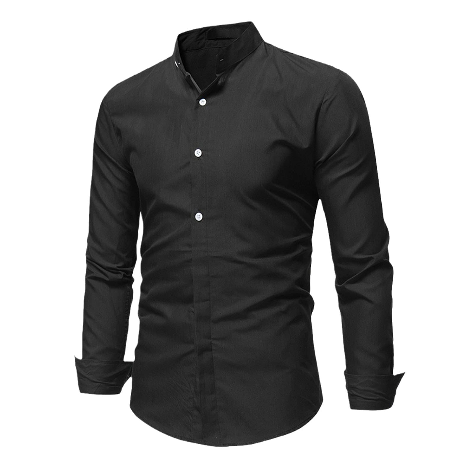 Men's Slim Fit Stand Collar Long Sleeve Dress Shirt - Solid Color Business Casual & Formal Wear - Perfect for Office, Meetings, Weddings & Special Occasions