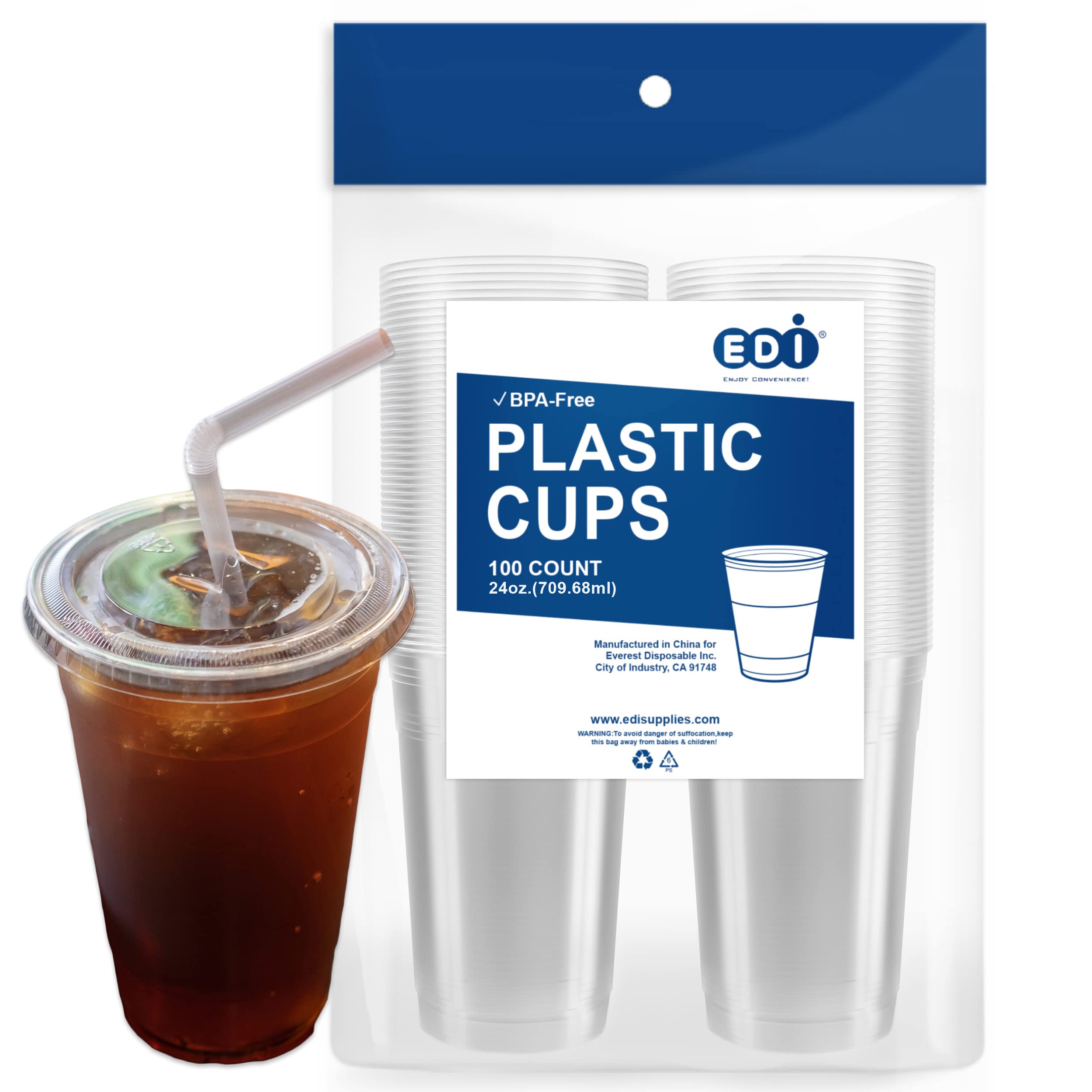 24 oz. Crystal Clear Disposable PET Plastic Cups with Flat Lids and Straws - 100 Sets Bulk Pack for Parties, Events, and Home Use
