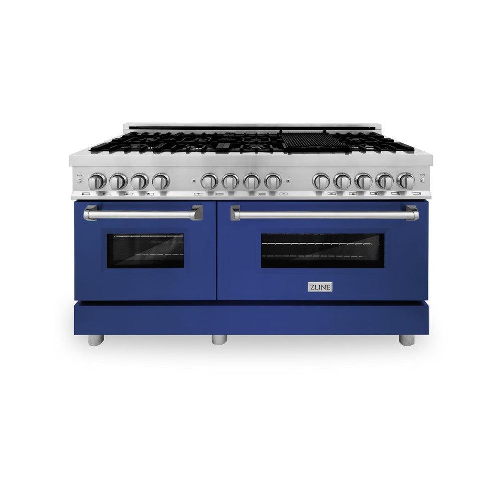 ZLINE 60-Inch 7.4 cu.ft Dual Fuel Range with 9-Burner Gas Cooktop & 2 Electric Convection Ovens - Stainless Steel with Blue Matte Doors (RA BM 60) | Professional Kitchen Appliance for Home Chefs & Cooking Enthusiasts