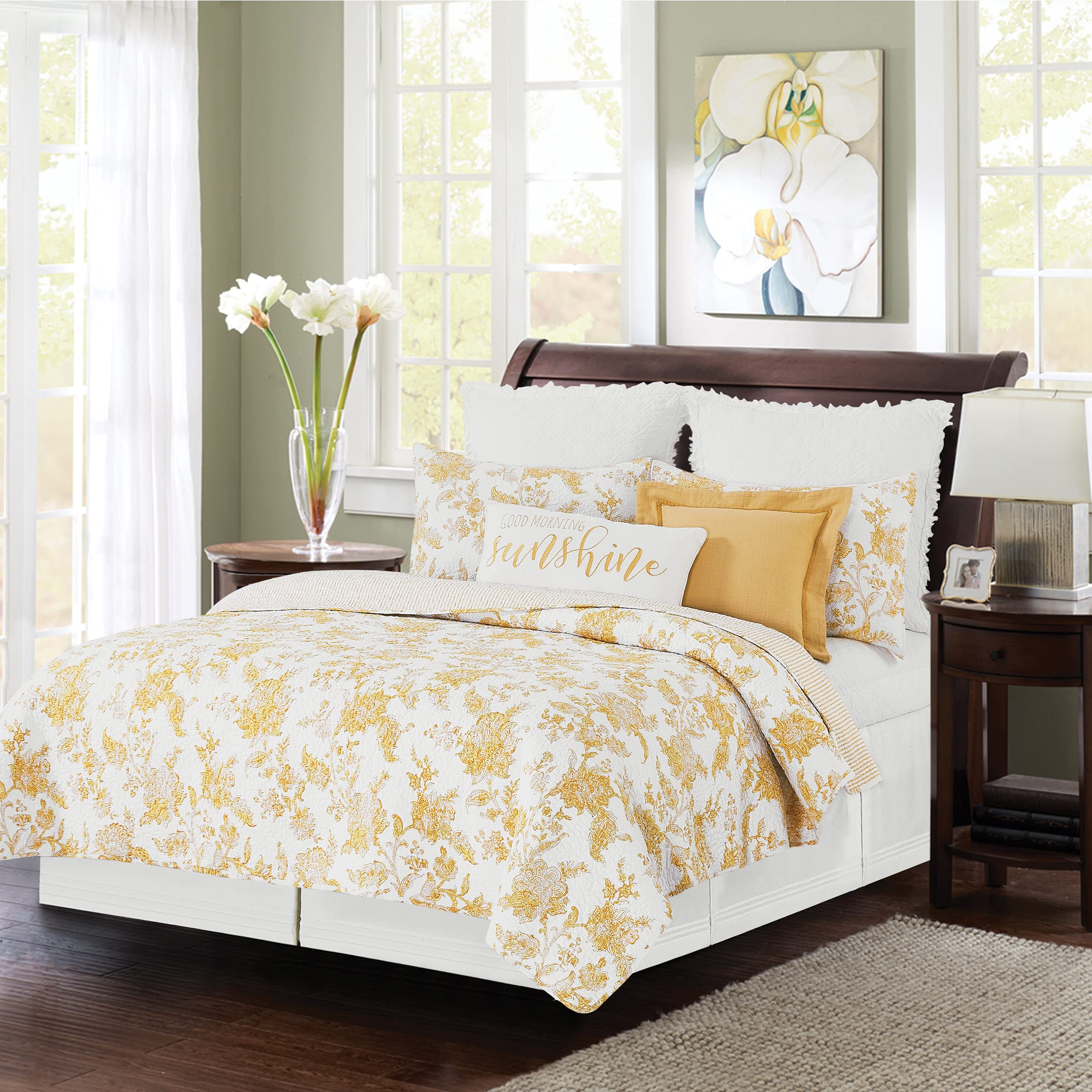 C&F Home Miriam Ochre Full/Queen 3-Piece Reversible Quilt Set with 2 Standard Shams - Yellow & White Toile Floral Pattern Reverses to Stripes - Elegant Bedding for Master Bedroom or Guest Room