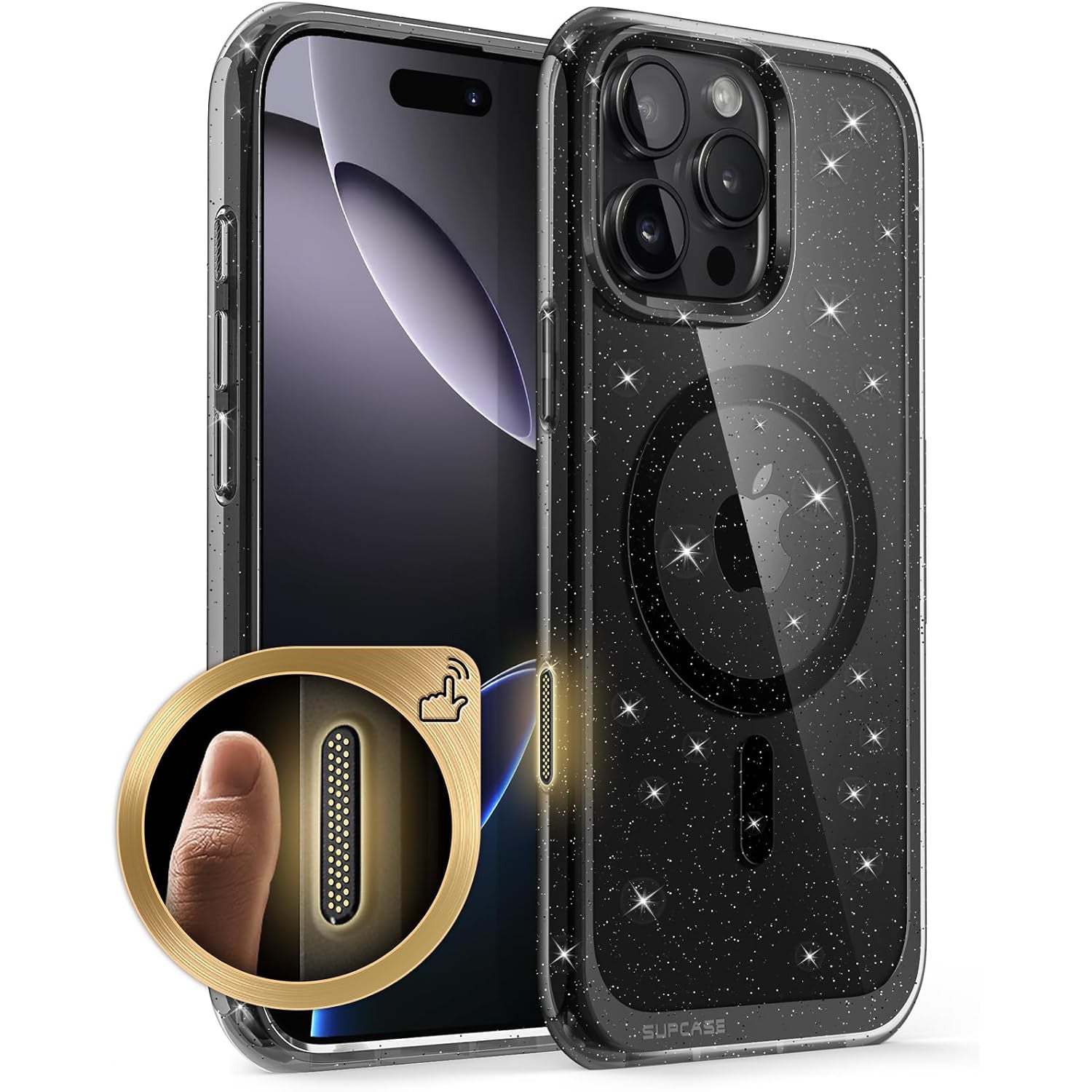 iPhone 16 Pro Case 6.3 Inch - Unicorn Beetle MAG Slim Clear Protective Cover with MagSafe & Camera Control Button | Glitter Black Design | Perfect for Everyday Use, Travel & Outdoor Activities