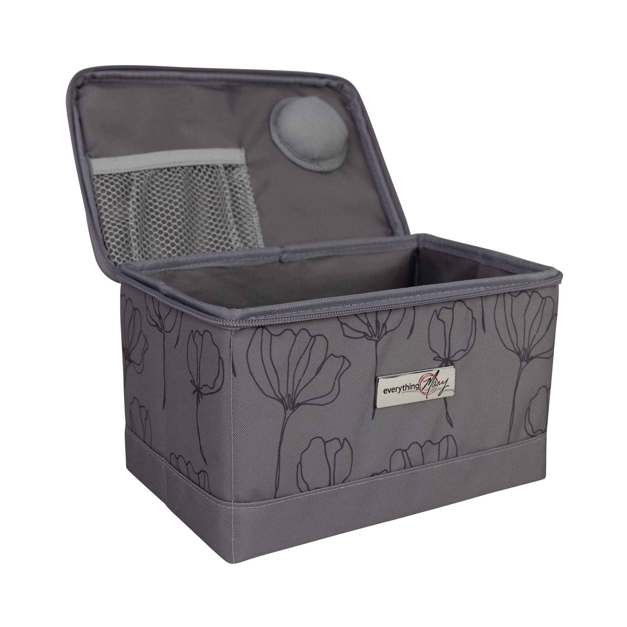 Everything Mary Collapsible Sewing Kit Organizer Box - Grey Floral Storage Basket for Thread, Needles, Scissors & Sewing Notions | Portable Craft Supply Organizer for Travel, Home & DIY Projects
