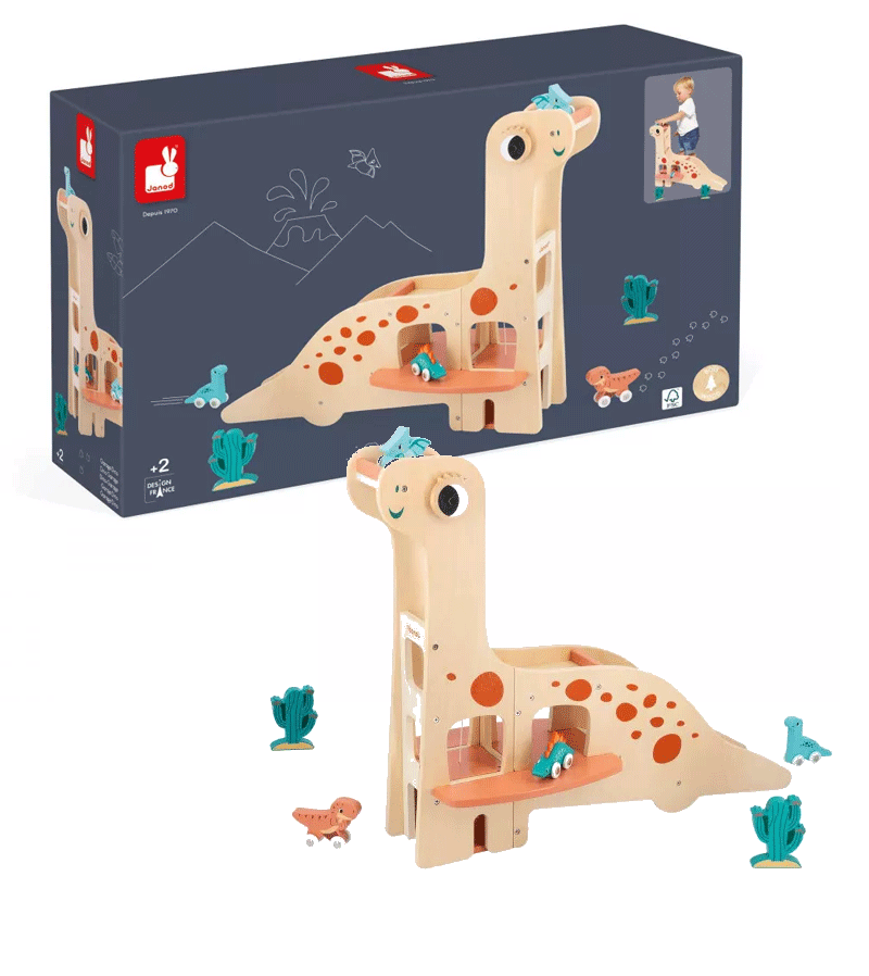 Janod Dino Garage - Wooden Toy Car Garage for Kids with Dinosaur Theme | Pretend Play, Imaginative Play, Gift for Boys & Girls Ages 3+