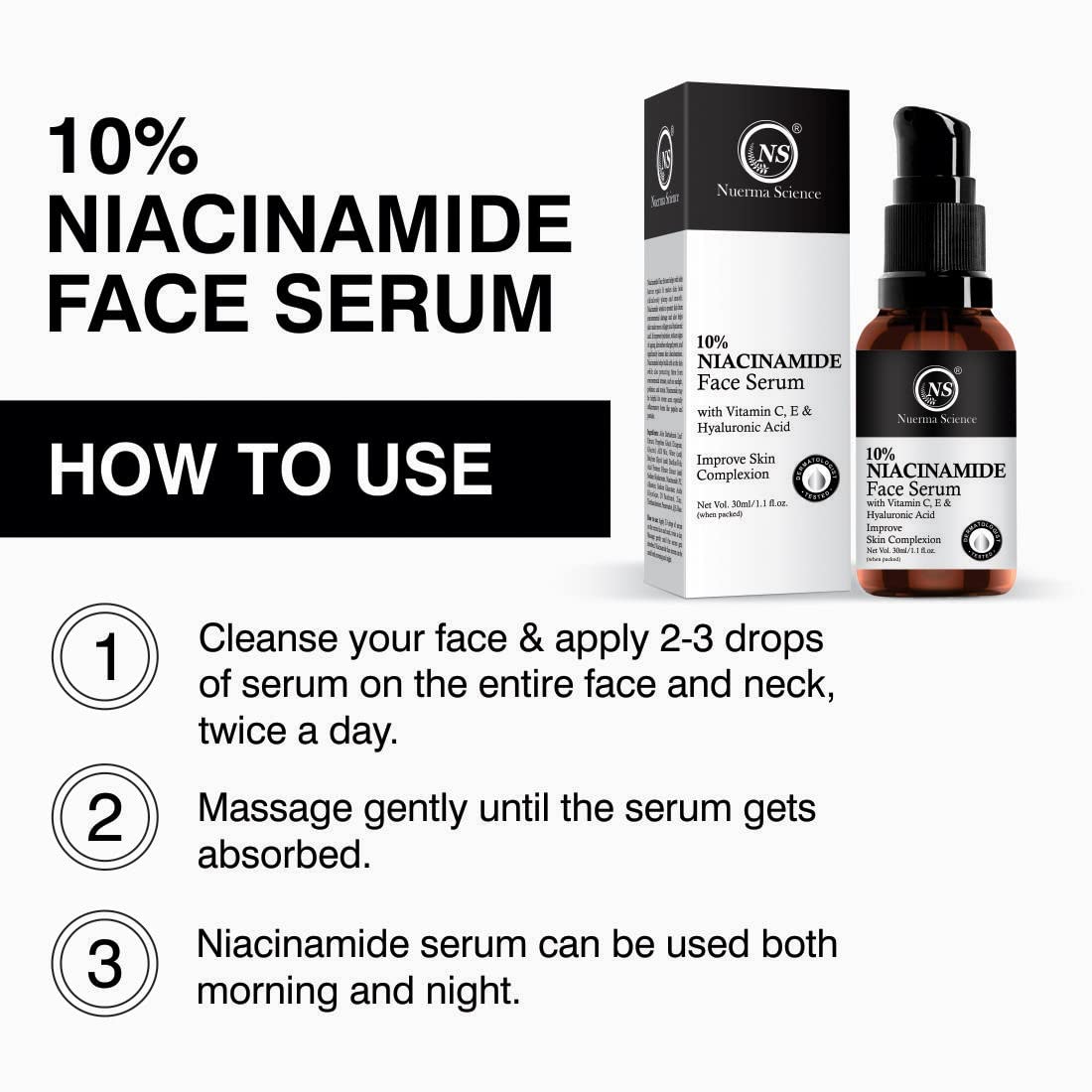 Nuerma Science 10% Niacinamide Face Serum for Acne Marks & Blemish Removal - Oil Balancing Serum with Zinc for Oily & Acne-Prone Skin | Skin Clarifying Anti-Acne Treatment | 30ml | Perfect for Daily Skincare Routine & Post-Acne Recovery