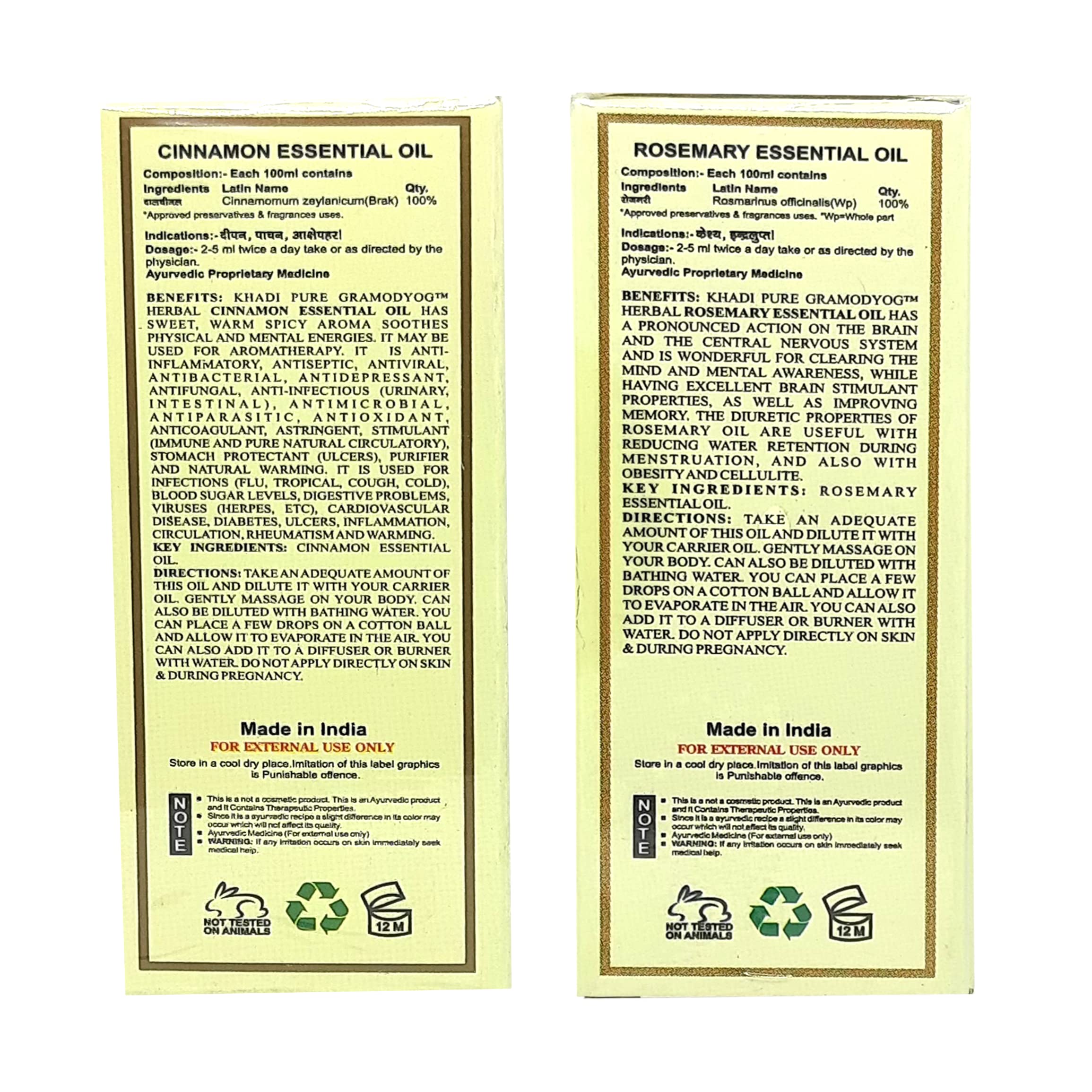 Khadi Pure Cinnamon & Rosemary Essential Oil 15ml (Pack of 2) - 100% Natural Aromatherapy Oil for Diffusers, Massage & Skin Care