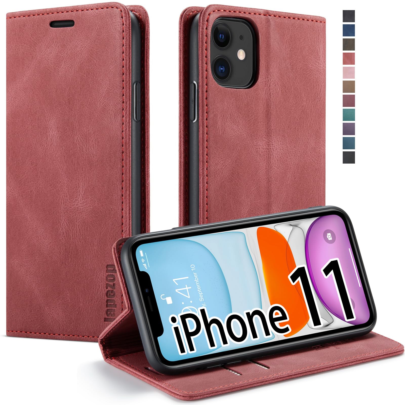 Premium iPhone 11 Leather Wallet Case with RFID Blocking Card Holder & Kickstand - 6.1 Inch Protective Flip Cover for Women (Wine Red) | Perfect for Travel, Work & Everyday Use