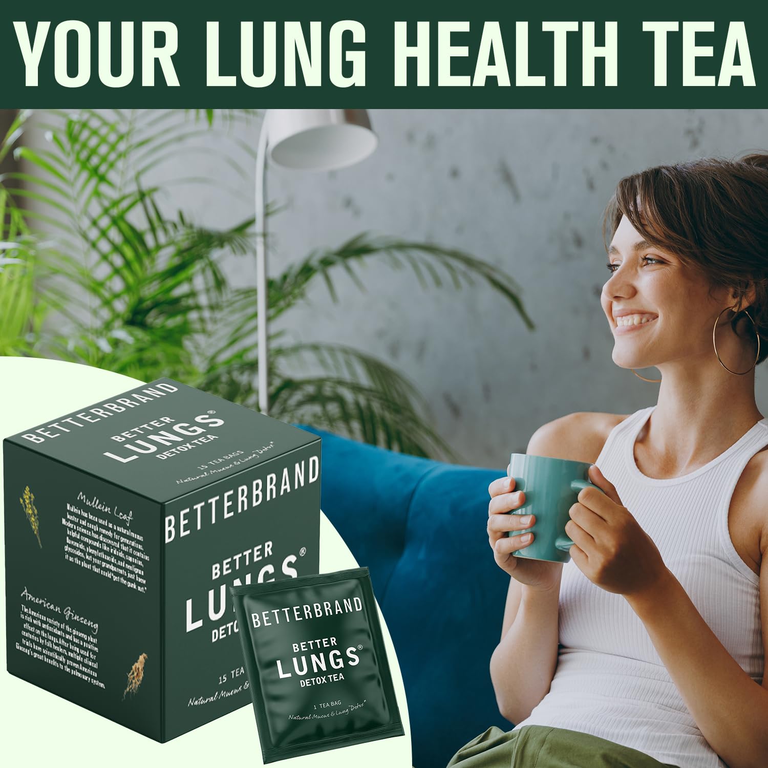 Betterbrand BetterLungs Detox Tea - Organic Herbal Tea for Respiratory Support & Lung Cleansing | Mullein Leaf Blend for Healthy Breathing & Wellness | Caffeine-Free, Non-GMO | 15 Tea Bags | Perfect for Allergy Season, Smokers & Urban Living