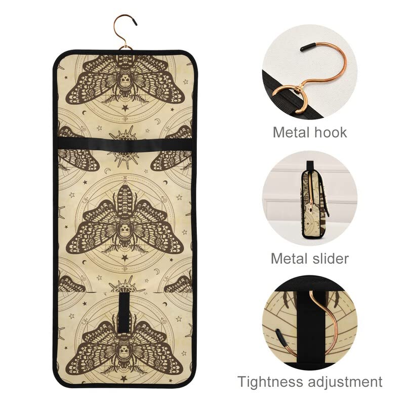 MNSRUU Beige Skull Moth Butterfly Hanging Makeup Bag - 3 PCS Travel Toiletry Organizer Set with Clear Compartments | Portable Cosmetic Storage for Women, Perfect for Vacation, Gym & Business Trips