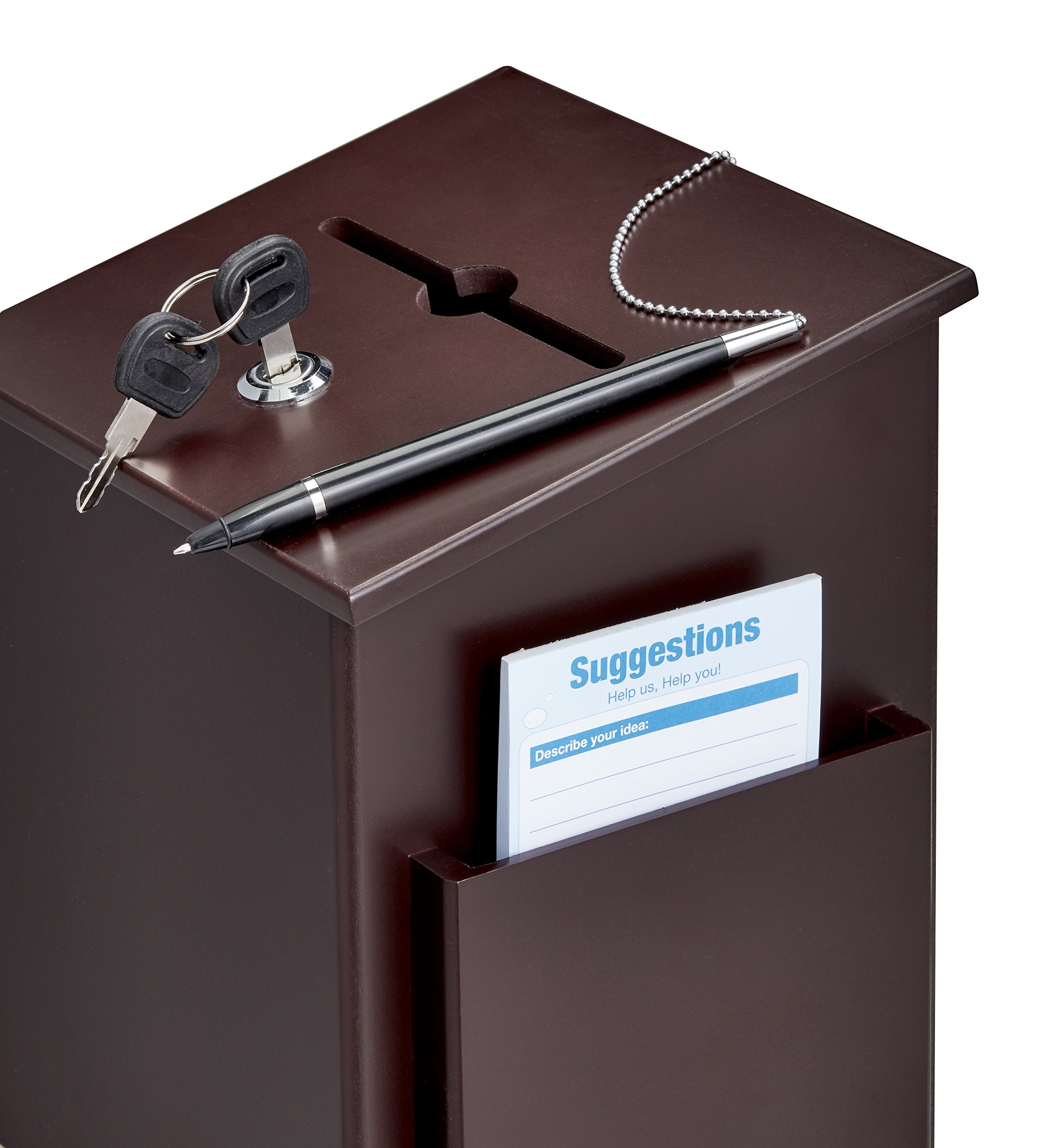 AdirOffice Square Wood Suggestion Box with Lock & Chained Pen - Wall Mountable Mahogany Donation Box for Office, Church, School - Secure Collection, Ballot, Key Drop Box for Employee Feedback & Community Suggestions