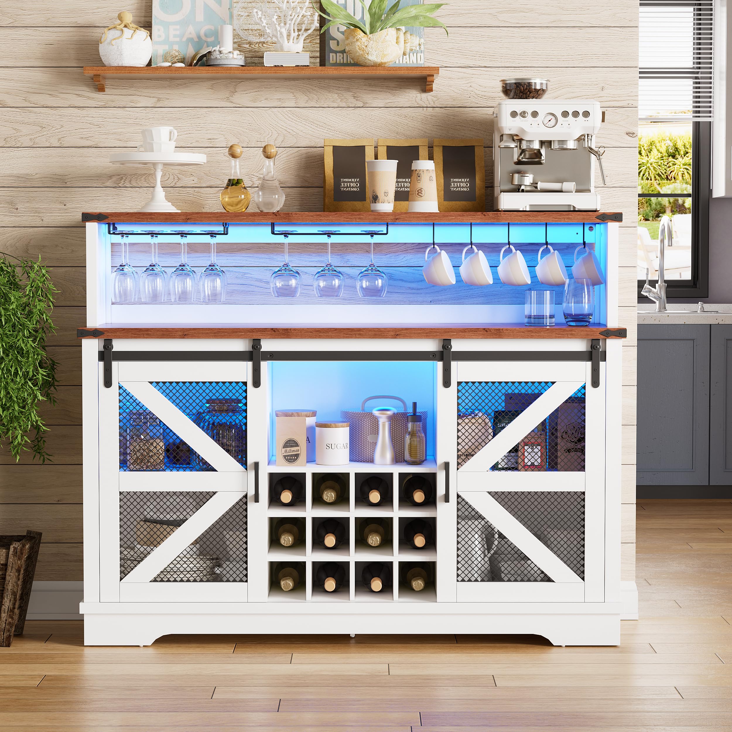 Farmhouse Wine Bar Cabinet with LED Lights - White Liquor & Coffee Bar Cabinet with Sliding Barn Door, Glass Rack & Storage Shelves - Sideboard Buffet Cabinet for Living Room, Dining Room & Home Decor - Perfect for Entertaining Guests & Displaying Glassware