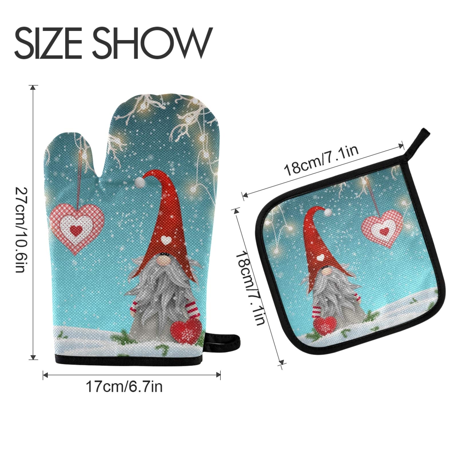 Christmas Winter Gnome Oven Mitts & Pot Holders Set - 2pcs Heat Resistant Non-Slip Kitchen Potholders for Cooking, Baking, BBQ - Perfect Xmas & Valentine's Day Gifts (Red Heart Design) - Ideal for Holiday Baking, Home Decor & Cozy Kitchen Use