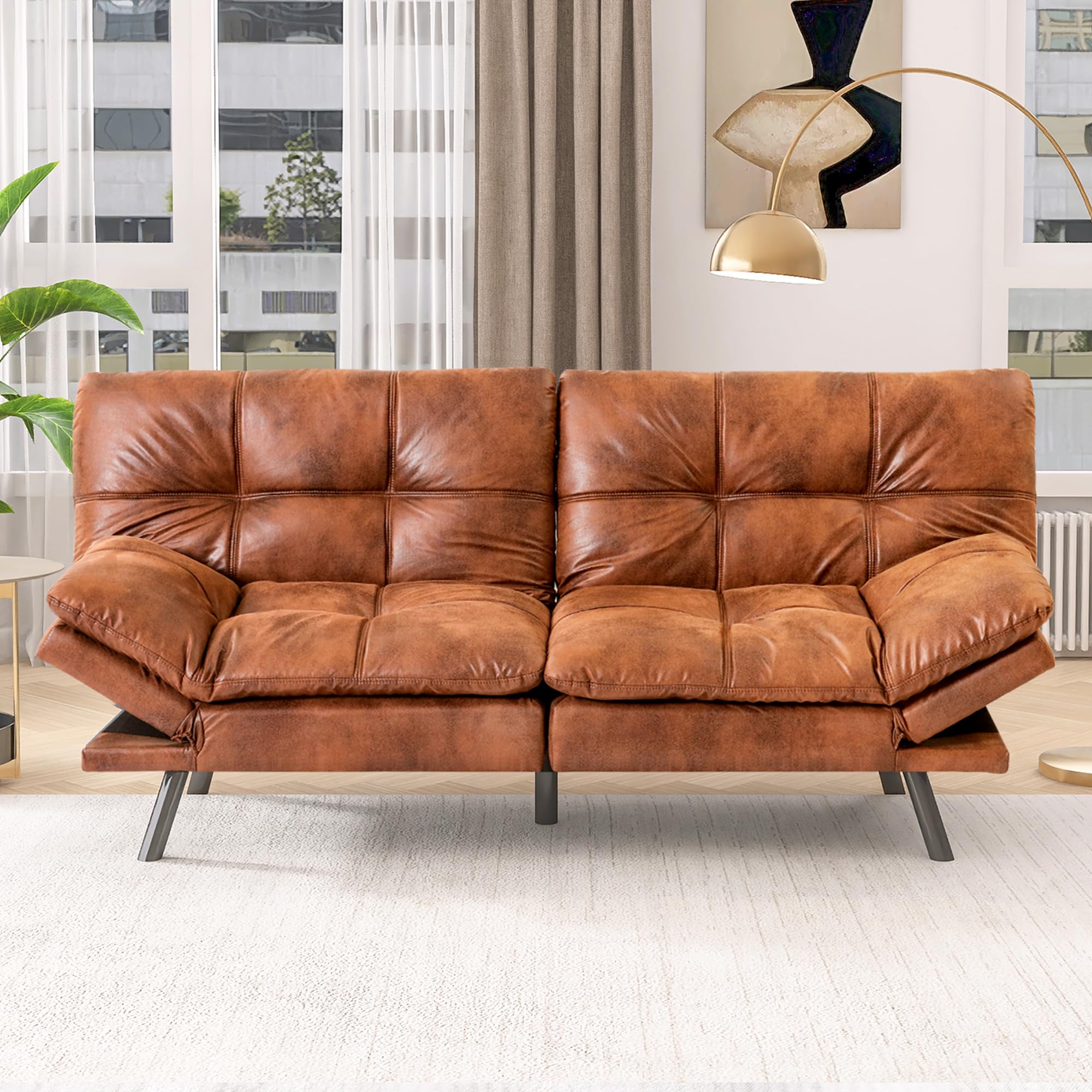 Hcore Leather Futon Couch - Foldable Loveseat Sofa Bed in Natural Brown for Small Spaces, Guest Room & Apartment Living