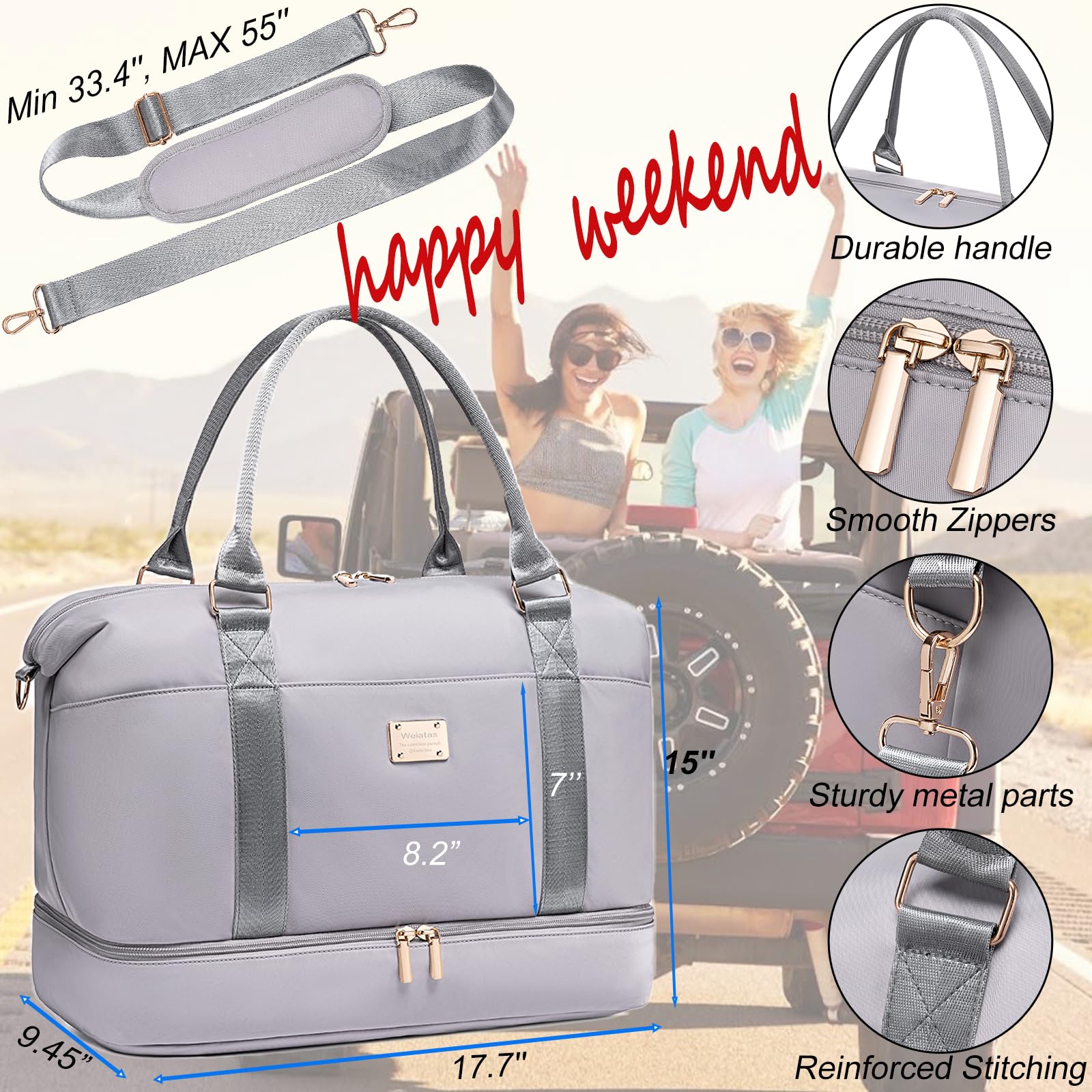 Weiatas Travel Duffel Bag for Women - Lightweight Weekender Overnight Gym Bag with Shoe Compartment & Wet Pocket, Carry On Luggage with Yoga Mat Strap (Grey) - Perfect for Gym, Yoga, Weekend Trips & Air Travel