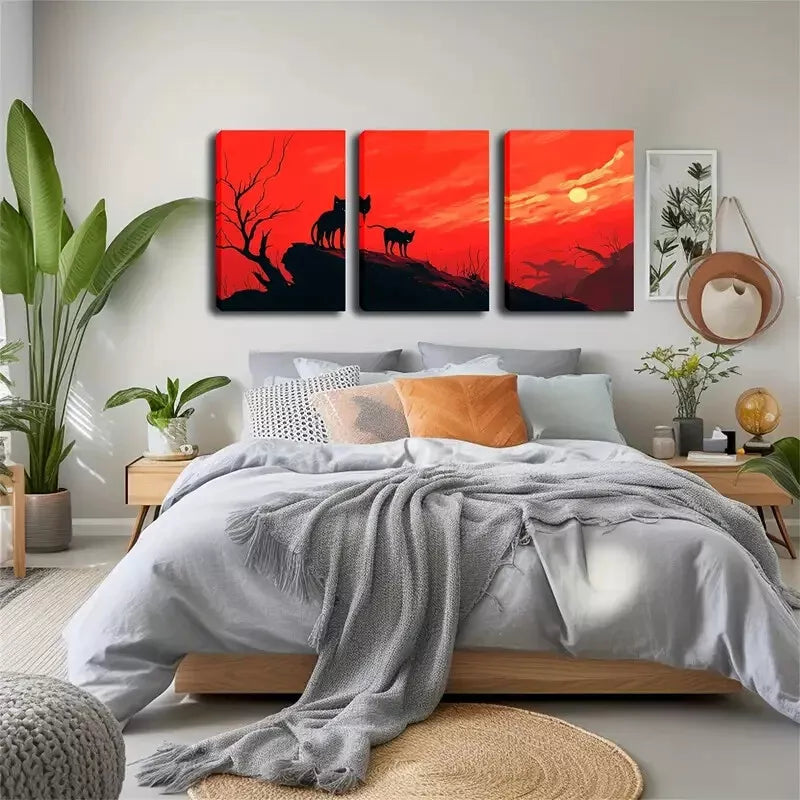 3-Piece Red Sky and Black Cat Wall Art Set - Framed Canvas 40x60cm (16x24in) | High Quality Print | 100% Australian Made | Ready to Hang | Perfect for Living Room, Bedroom & Office Decor