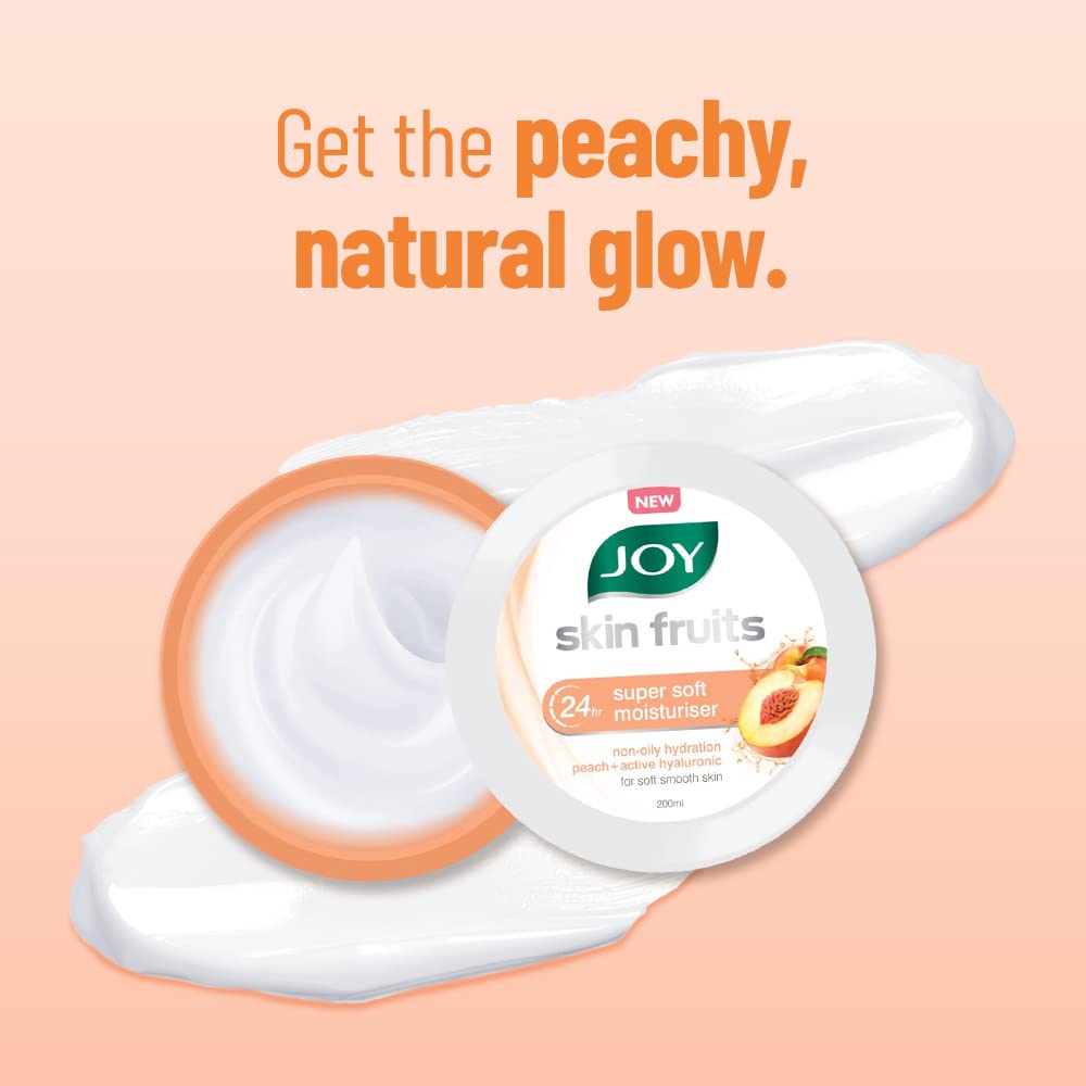 Joy Skin Fruits Super Soft Moisturizer with Peach & Hyaluronic Acid (200ml) - 24H Hydrating Face, Hands & Body Cream | Oil-Free, Non-Greasy Formula for Soft, Smooth Skin | Perfect for Dry Skin Care, Night Routine & Daily Hydration
