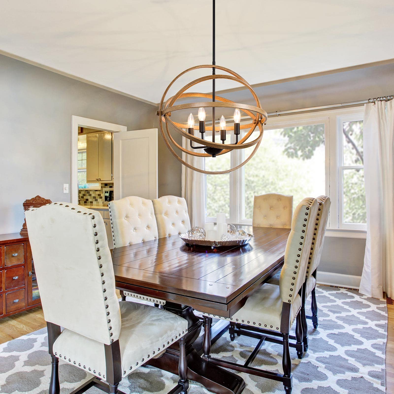 Farmhouse Chandelier Lighting - 4-Light Orb Pendant Light Fixture with Wood Finish, 21