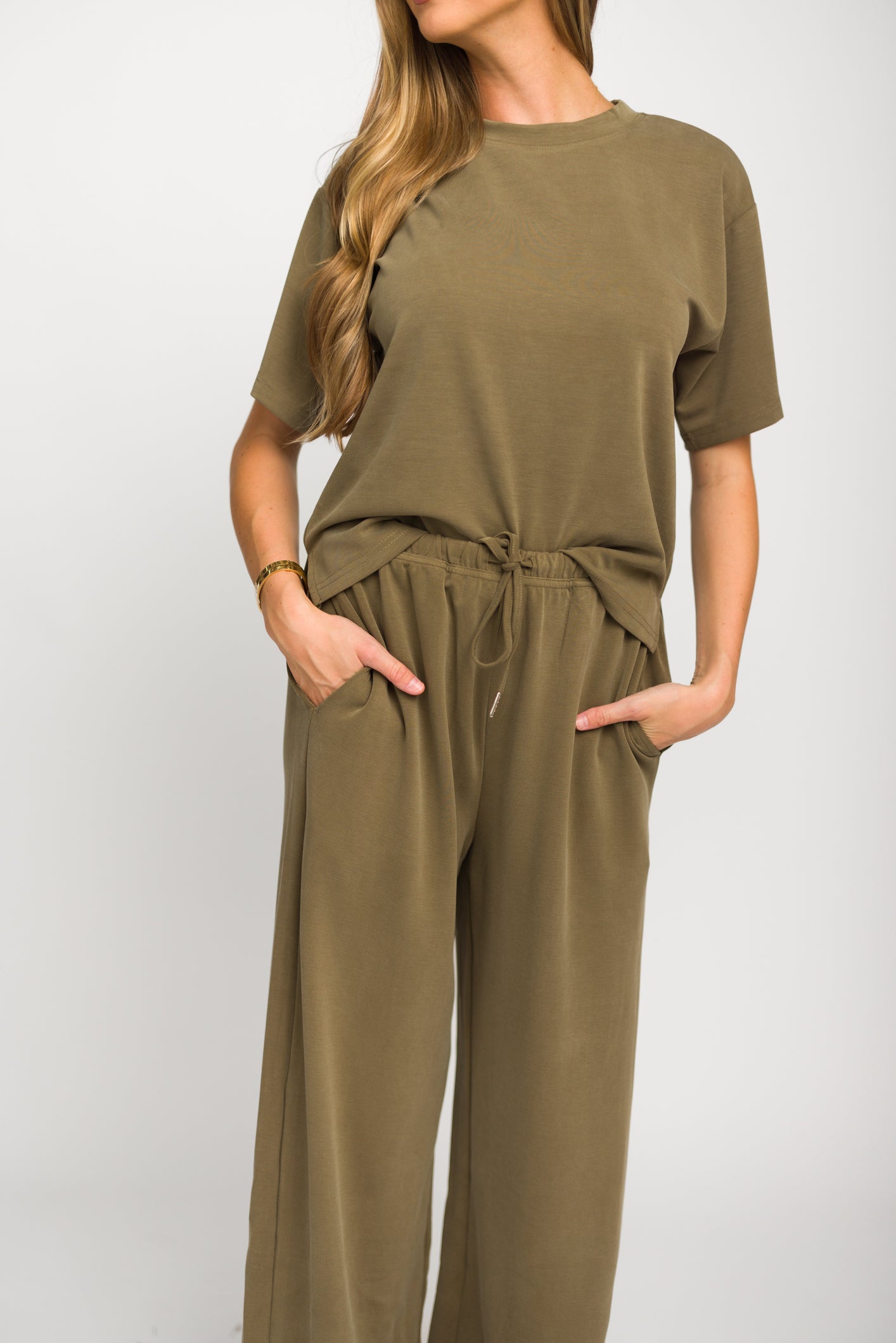Macy Loose Fit T-Shirt & Wide Leg Pant Set - Women's Casual Sage Green Outfit for Lounge, Yoga & Everyday Wear