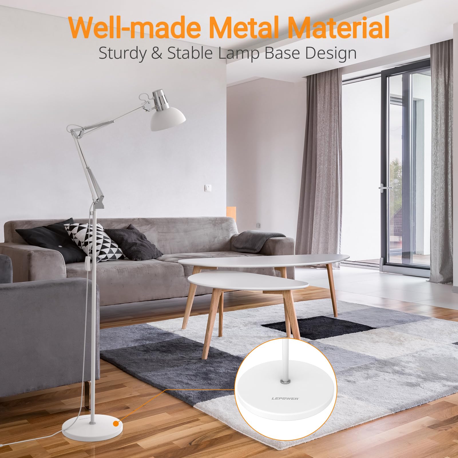 LEPOWER Swing Arm Floor Lamp with Heavy Metal Base - Adjustable Industrial Standing Light, E26 Socket, Modern Reading Lamp for Living Room, Bedroom, Office (White) | Perfect for Cozy Reading Nooks & Workspace Lighting