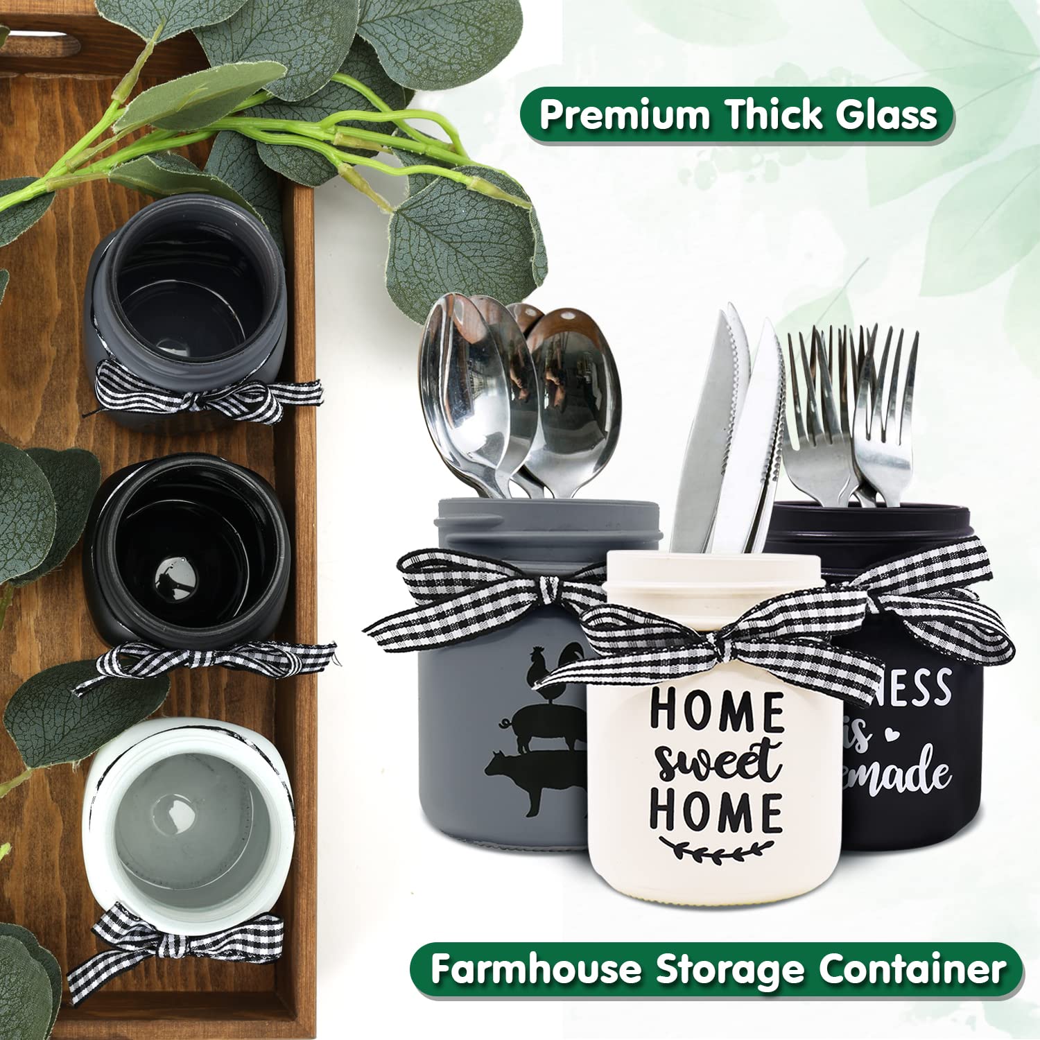 Farmhouse Mini Mason Jar Centerpiece Set of 3 - Rustic Table Decor for Coffee Table, Dining Table & Tiered Tray - Kitchen & Living Room Decor with Lids - Perfect for Weddings, Parties & Home Styling