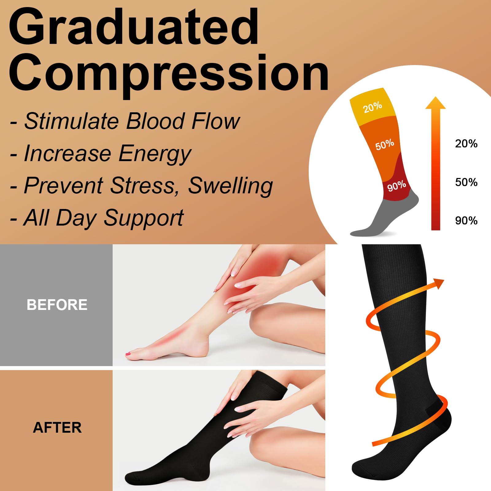 TRIITECH 6 Pairs Copper Compression Socks for Women & Men - 15-20mmHg Graduated Support for Running, Hiking, Nursing & Travel - Improve Circulation & Reduce Swelling During Sports & Daily Activities