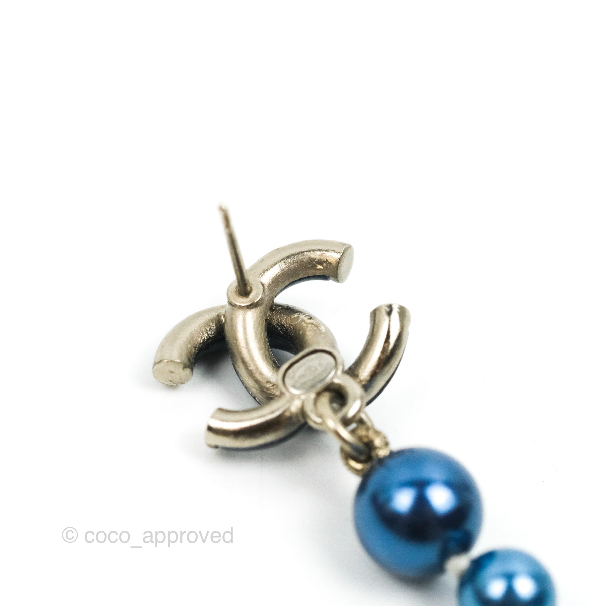 Chanel CC Blue Pearl Drop Earrings - Silver Tone 18S - Elegant Pearl Dangle Earrings for Women | Perfect for Weddings, Parties & Special Occasions