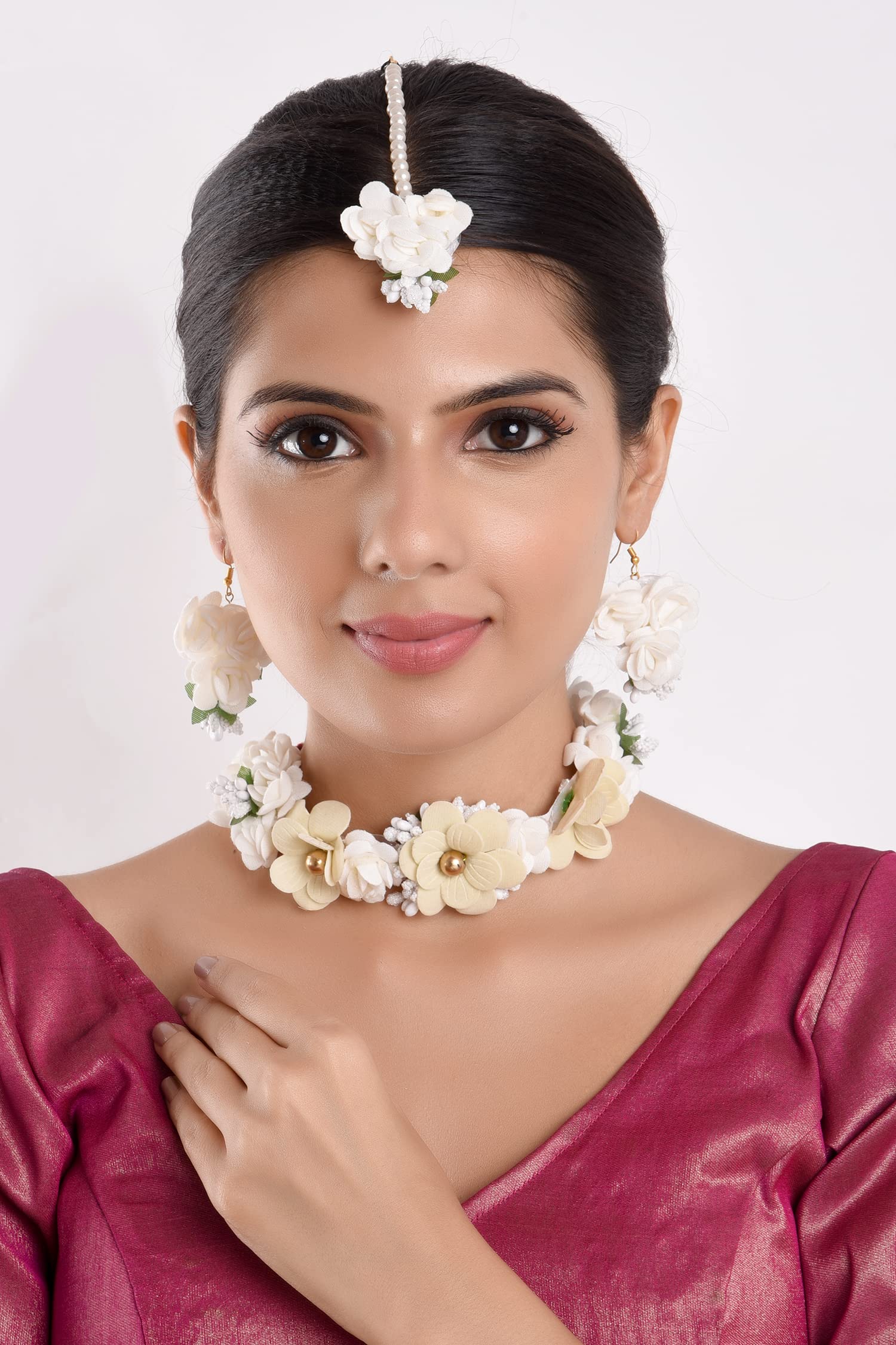 Efulgenz Handmade Indian Haldi Jewelry Set - Floral Choker Necklace, Earrings & Maang Tikka for Women | Wedding, Haldi & Mehendi Ceremonies | Perfect for Bridal Accessories, Cultural Events and Festive Occasions