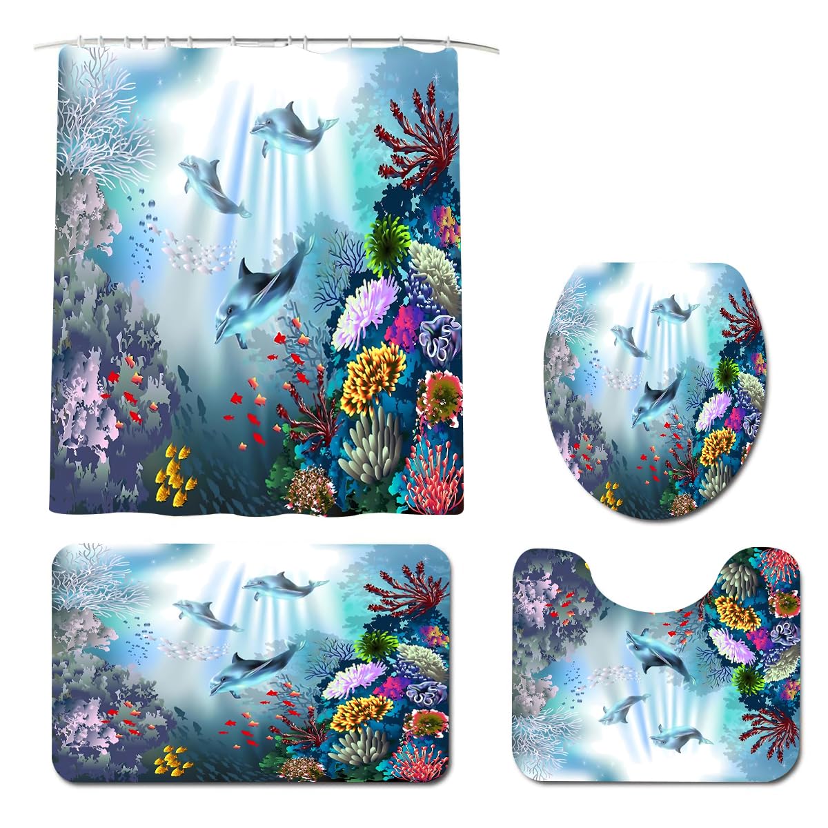 Bella Ocean Coral Reef and Wildlife Shower Curtain Set with Bath Rugs & Accessories - Waterproof Polyester Fabric & Memory Foam - Tropical Beach Theme Printed Bathroom Decor for Coastal, Nautical or Vacation Home Style