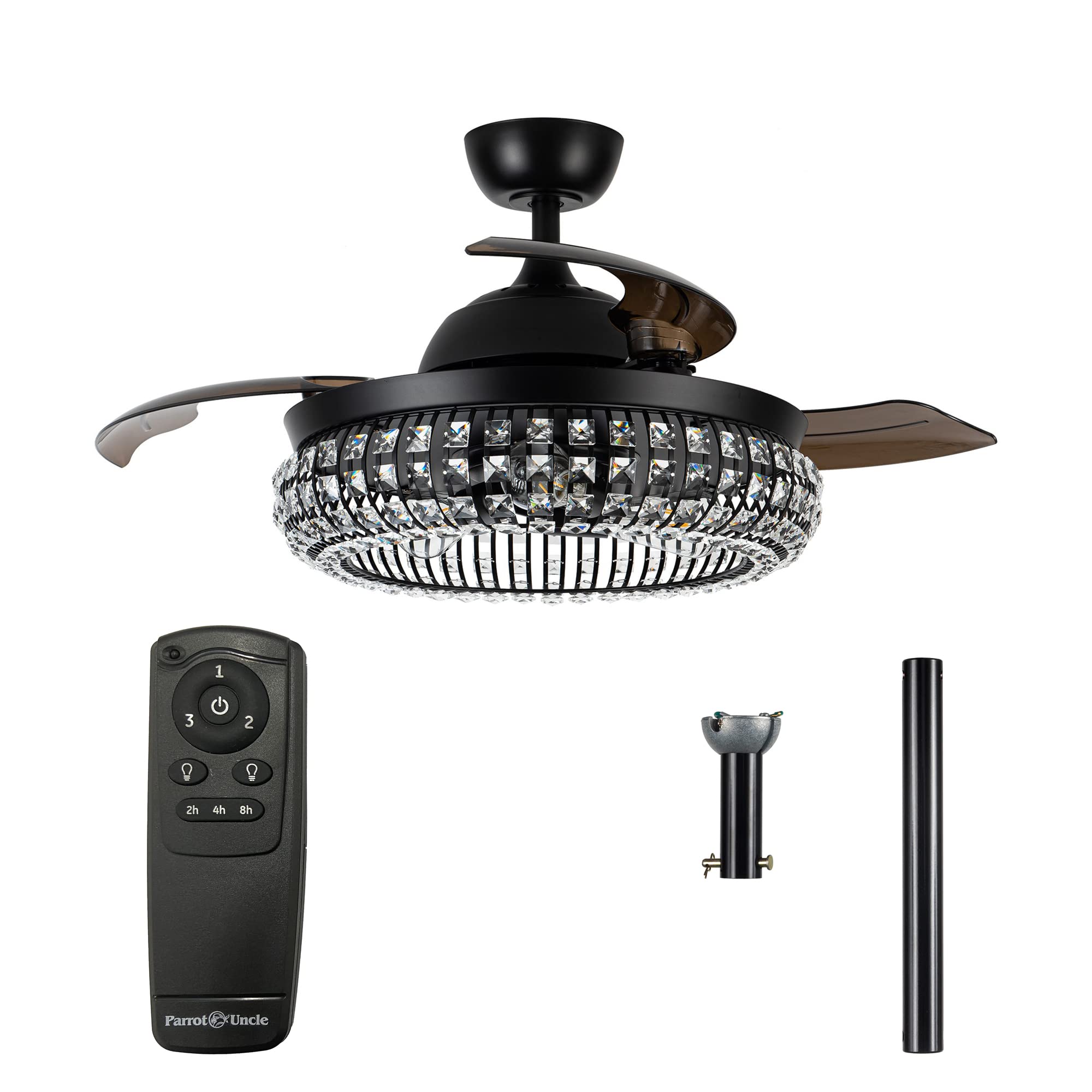 42 Inch Black Retractable Ceiling Fan with Lights & Remote Control - Crystal Chandelier Style for Bedroom, Living Room & Office | Energy Efficient Quiet DC Motor | Parrot Uncle